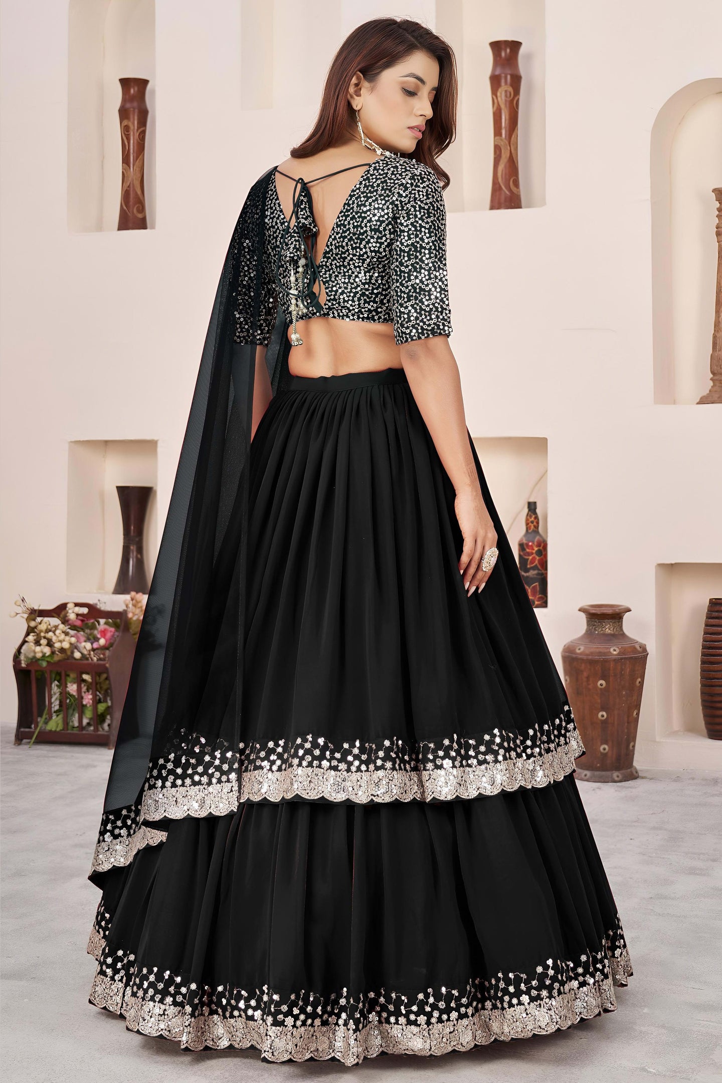 Black Georgette Lehenga Choli For Indian & Pakistani Wedding Festival - Sequence Embroidery Work, Zari Work