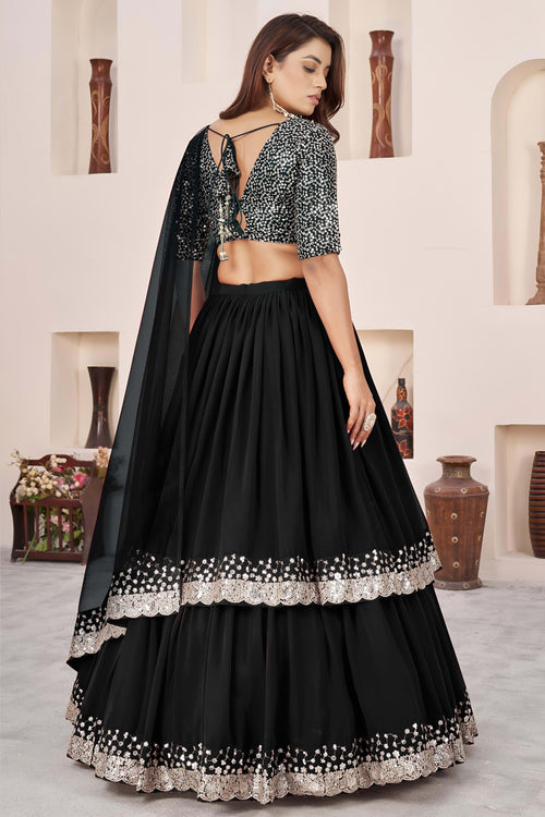 Black Georgette Lehenga Choli For Indian & Pakistani Wedding Festival - Sequence Embroidery Work, Zari Work