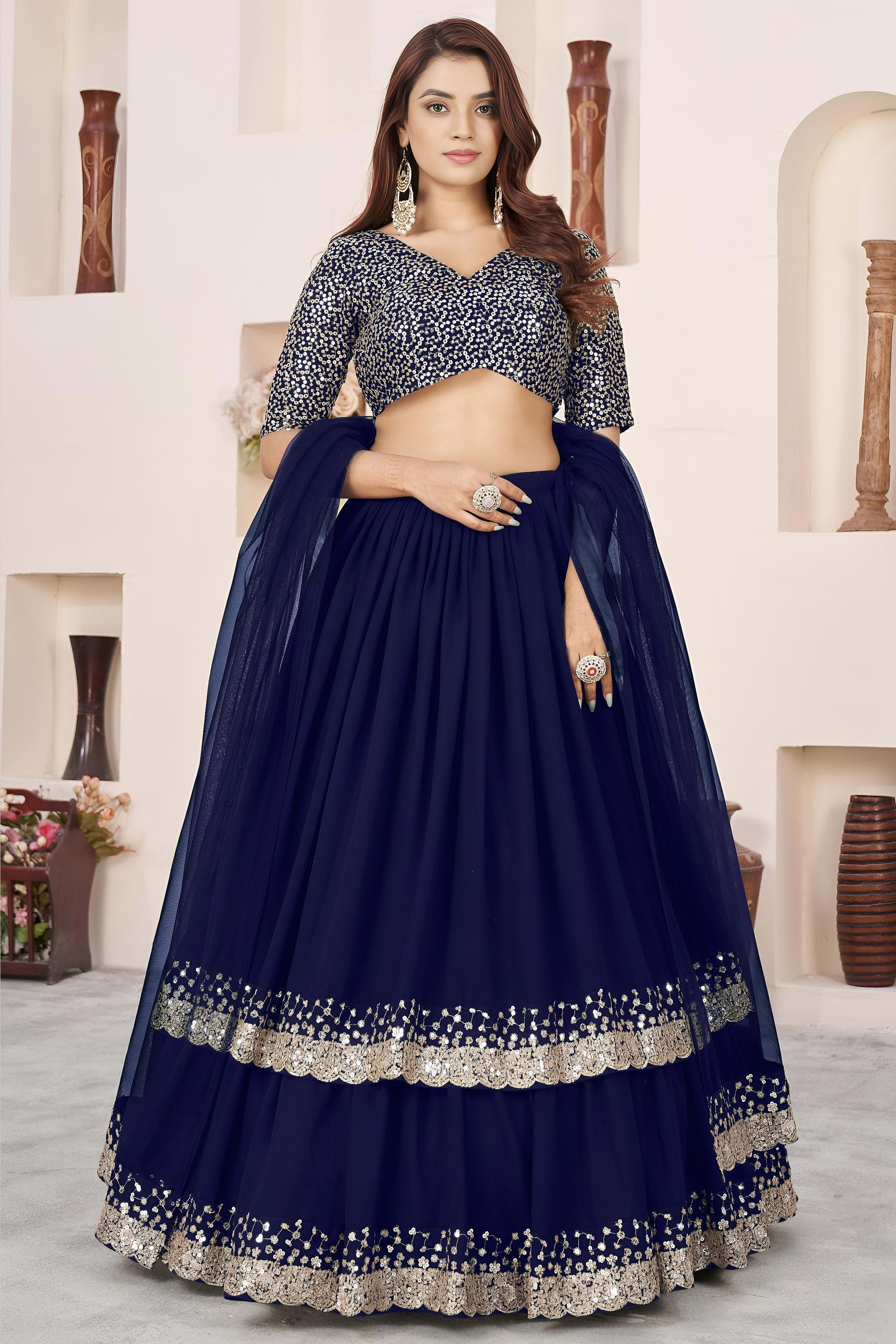Blue Georgette Lehenga Choli For Indian & Pakistani Wedding Festival - Sequence Embroidery Work, Zari Work