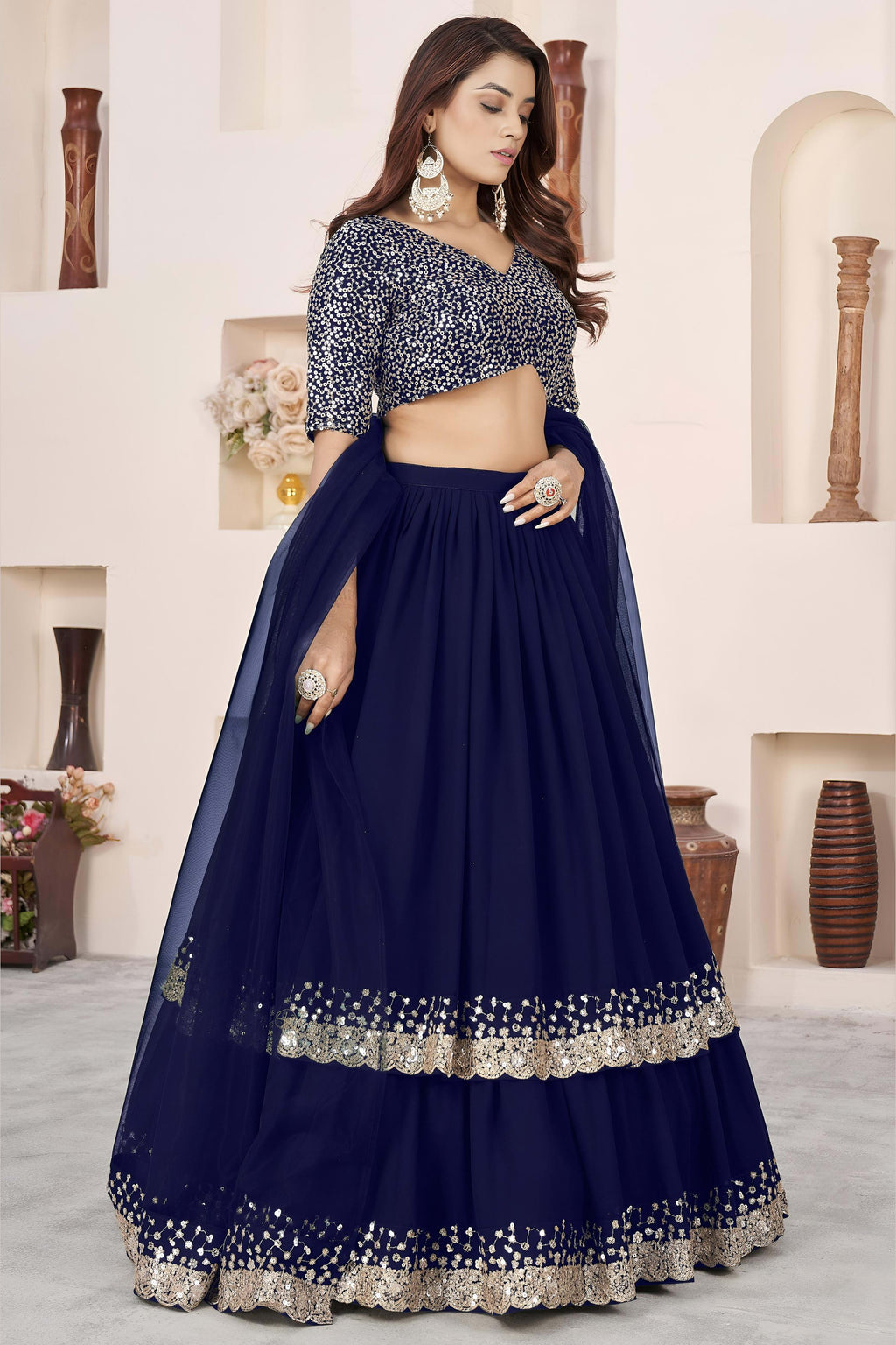 Blue Georgette Lehenga Choli For Indian & Pakistani Wedding Festival - Sequence Embroidery Work, Zari Work