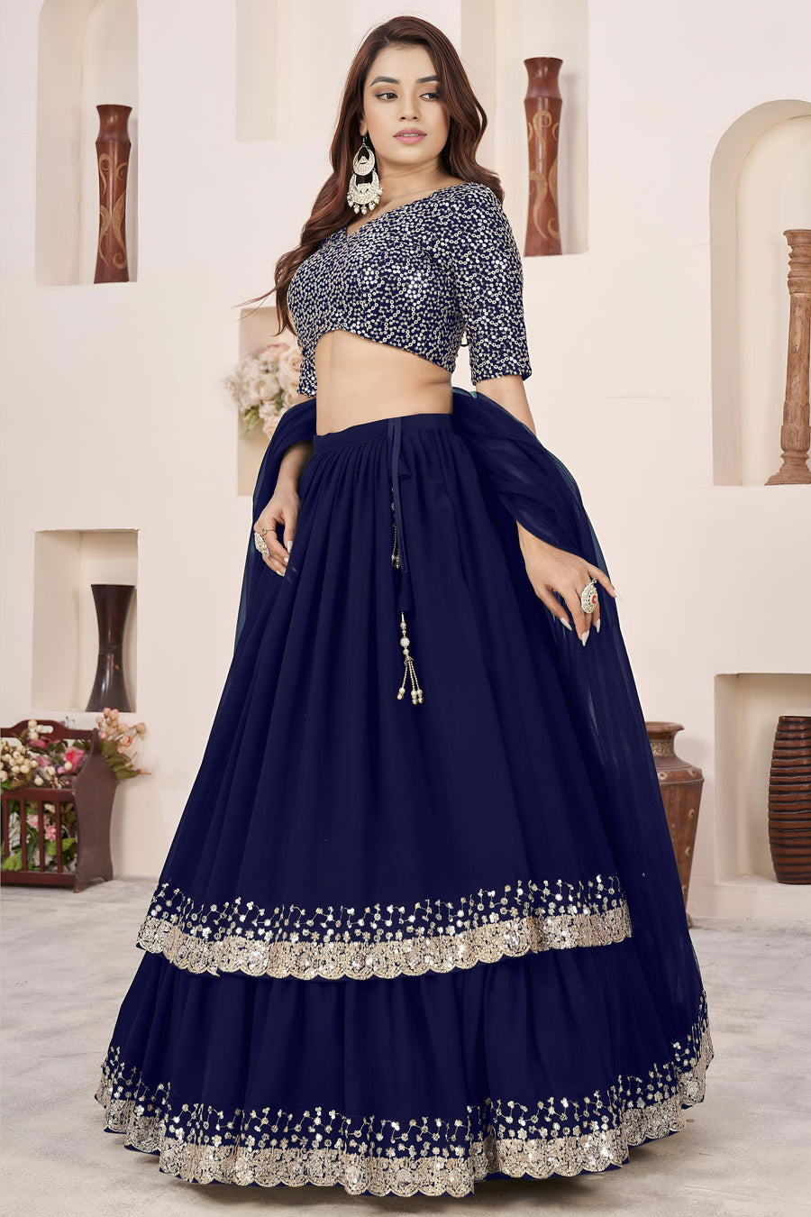 Blue Georgette Lehenga Choli For Indian & Pakistani Wedding Festival - Sequence Embroidery Work, Zari Work