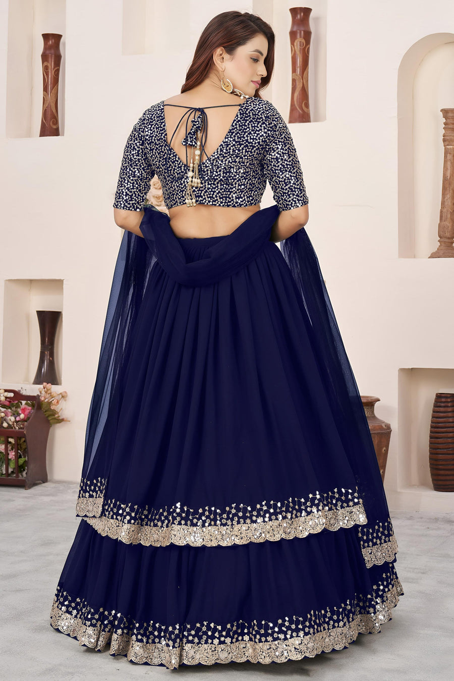 Blue Georgette Lehenga Choli For Indian & Pakistani Wedding Festival - Sequence Embroidery Work, Zari Work