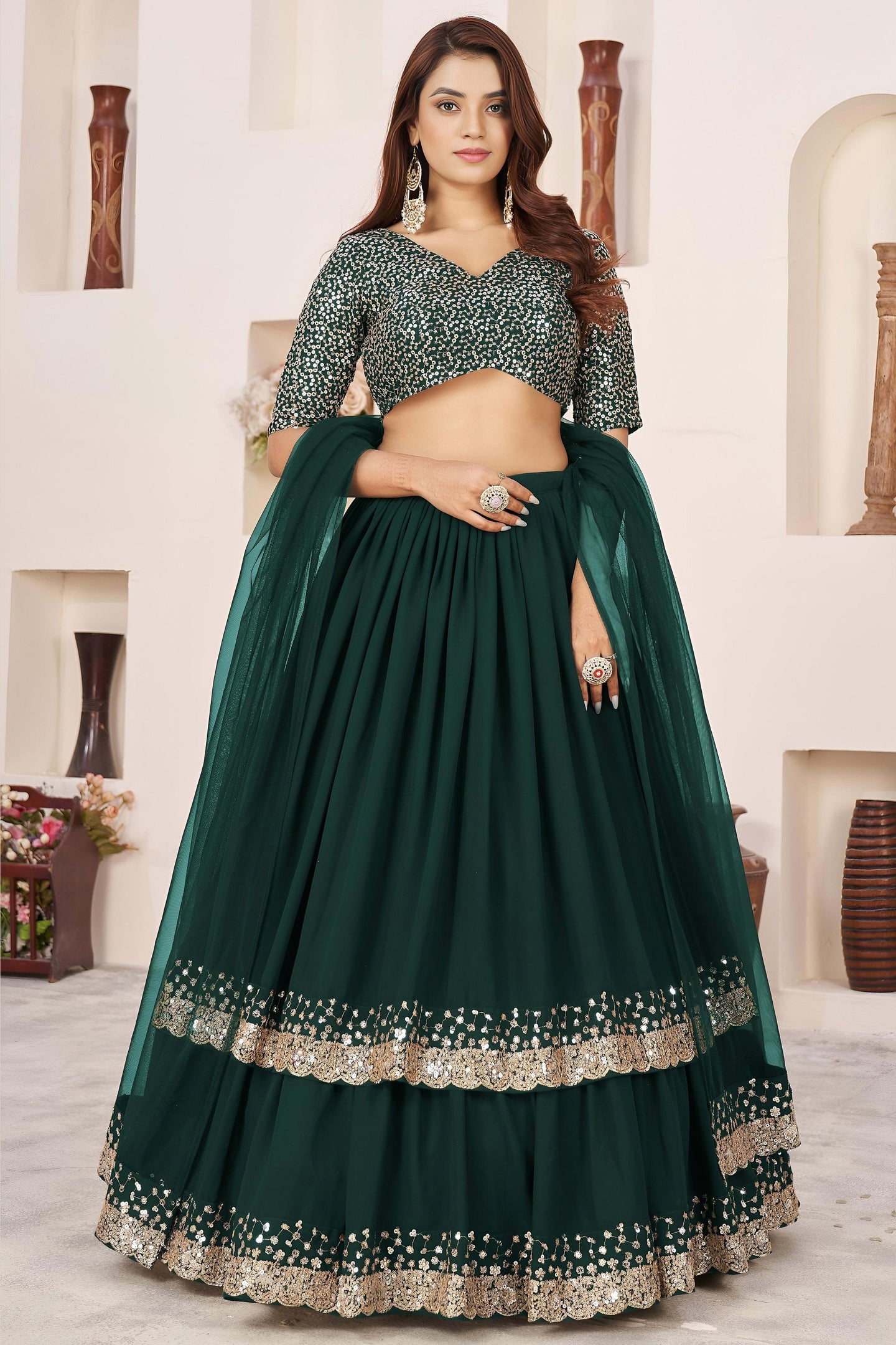 Green Georgette Lehenga Choli For Indian & Pakistani Wedding Festival - Sequence Embroidery Work, Zari Work