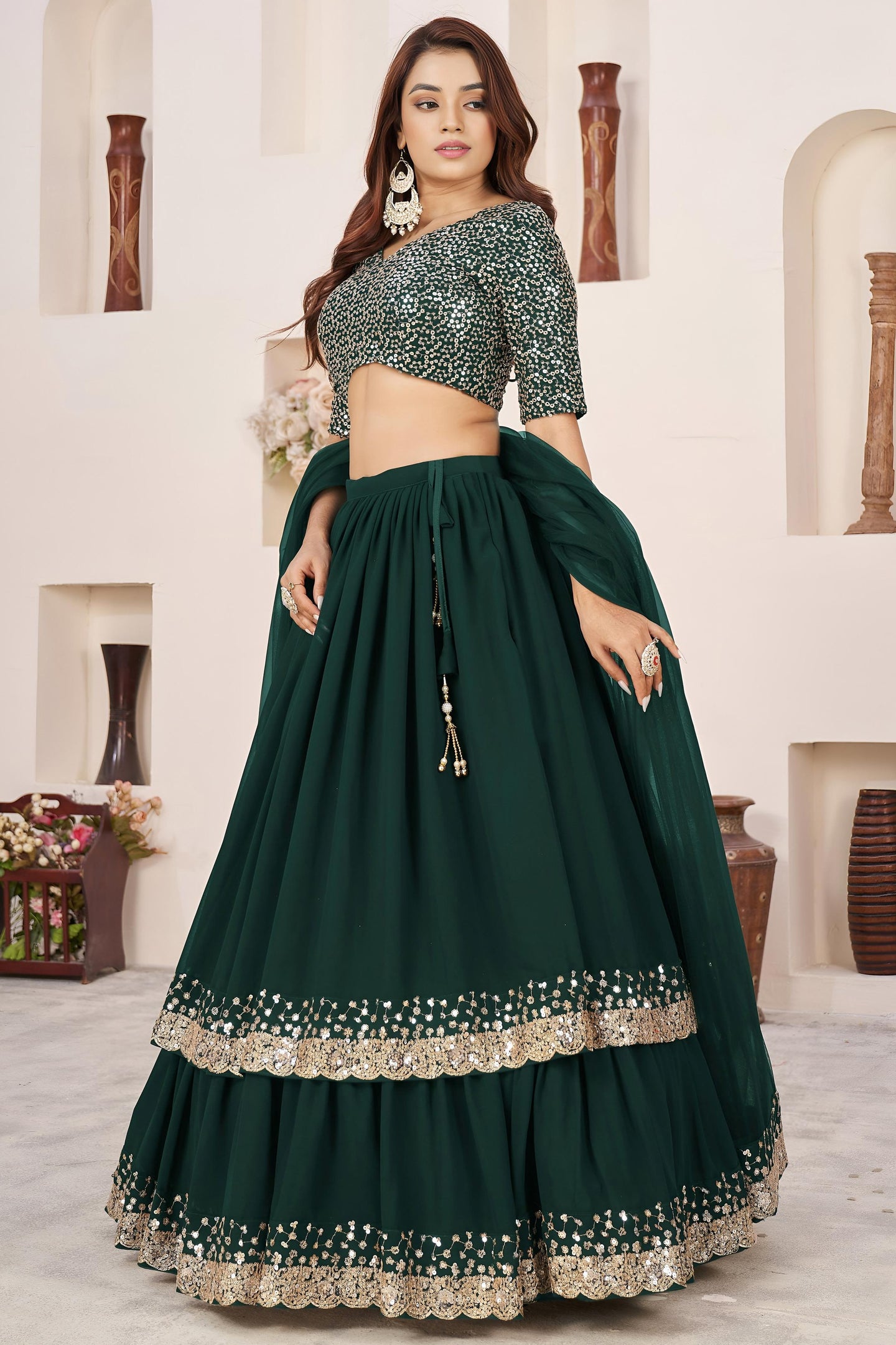 Green Georgette Lehenga Choli For Indian & Pakistani Wedding Festival - Sequence Embroidery Work, Zari Work