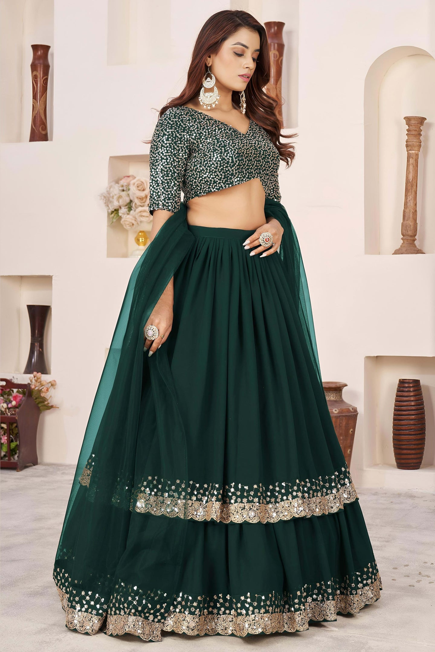 Green Georgette Lehenga Choli For Indian & Pakistani Wedding Festival - Sequence Embroidery Work, Zari Work