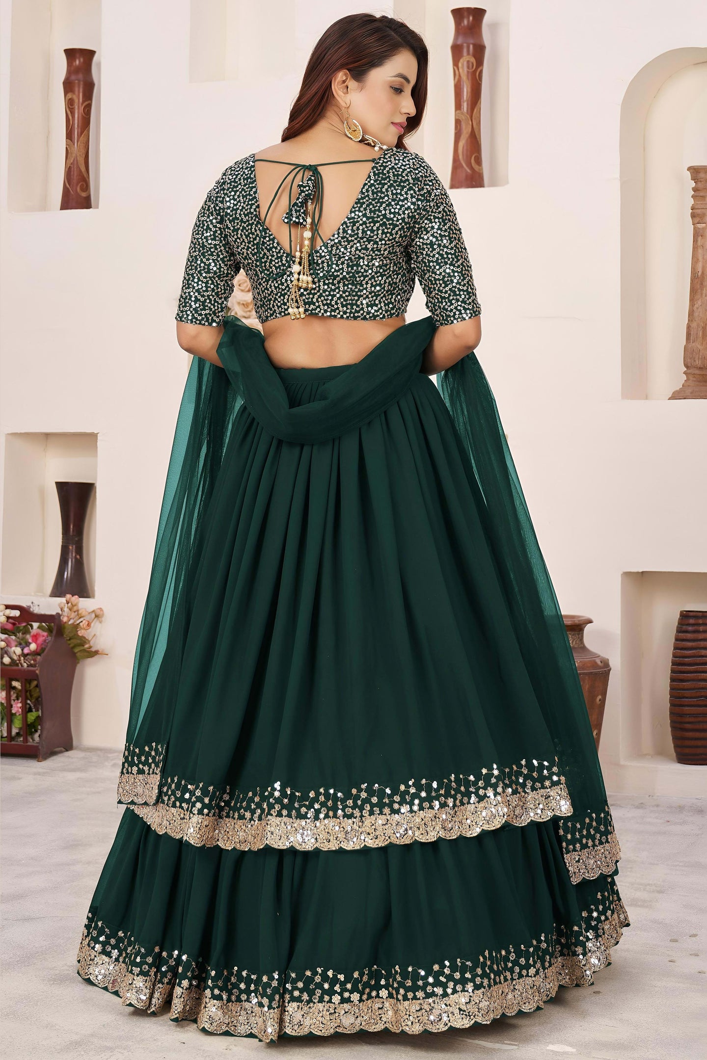 Green Georgette Lehenga Choli For Indian & Pakistani Wedding Festival - Sequence Embroidery Work, Zari Work