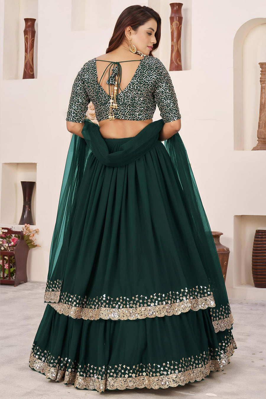 Green Georgette Lehenga Choli For Indian & Pakistani Wedding Festival - Sequence Embroidery Work, Zari Work