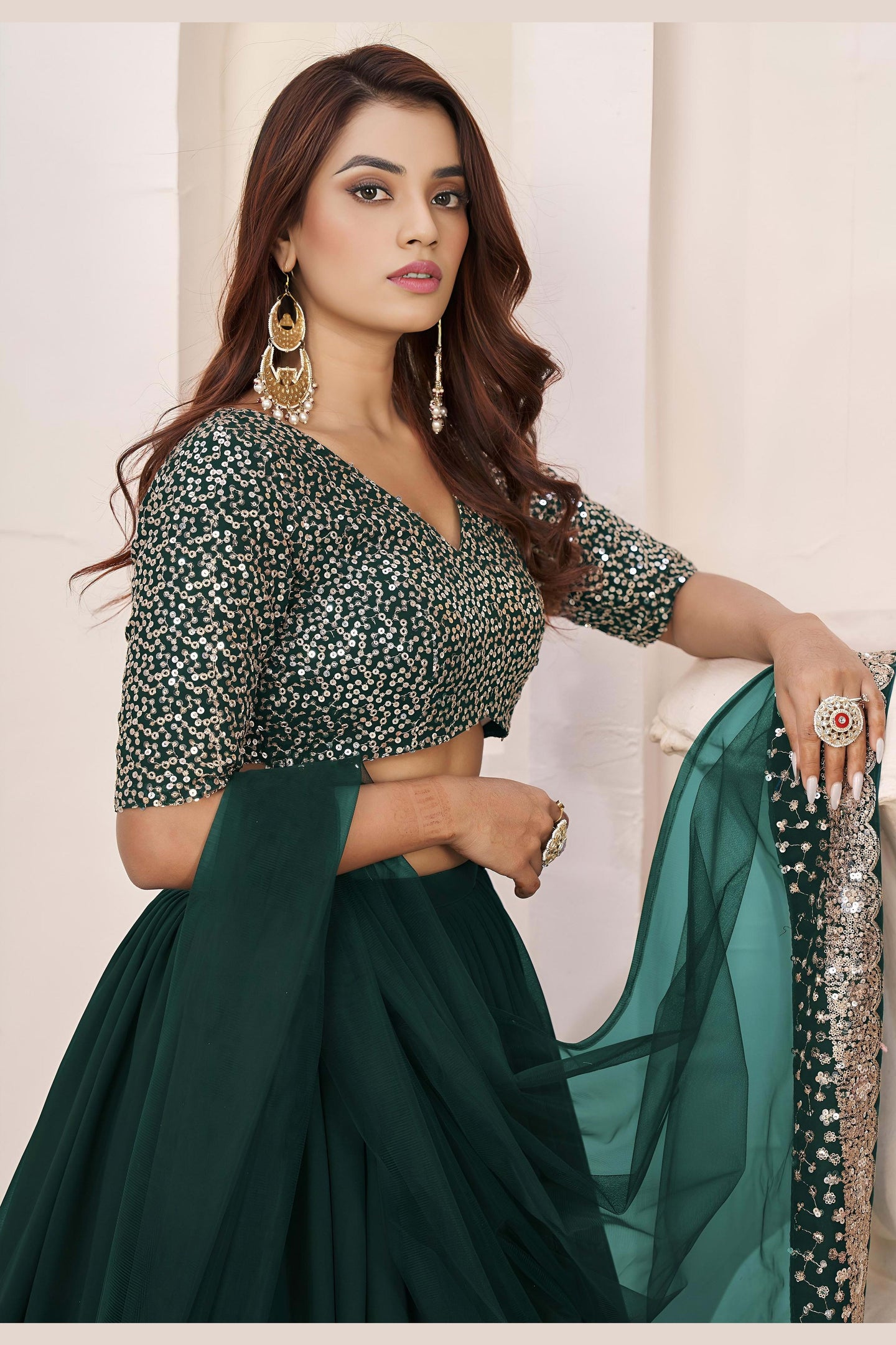 Green Georgette Lehenga Choli For Indian & Pakistani Wedding Festival - Sequence Embroidery Work, Zari Work