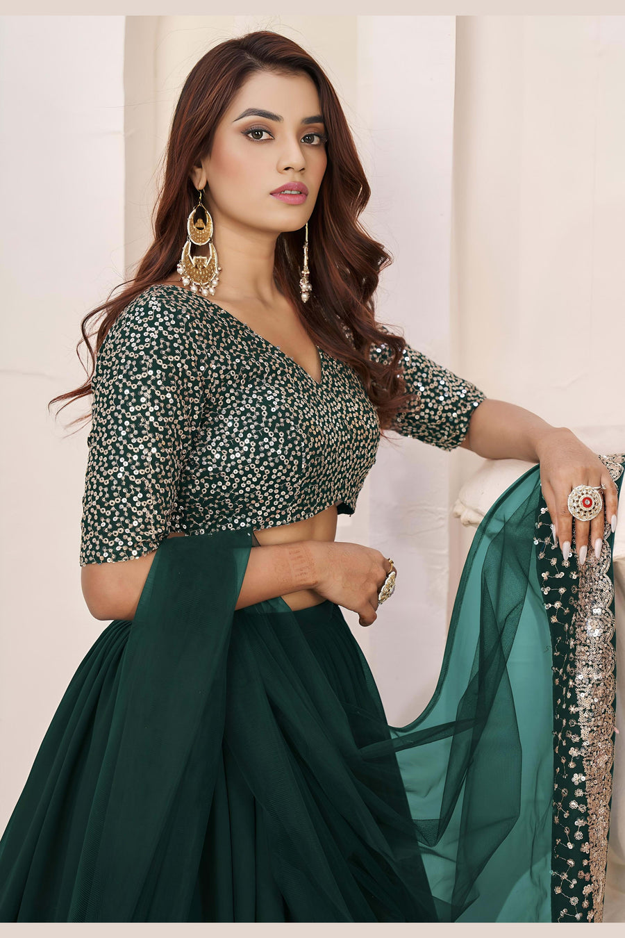 Green Georgette Lehenga Choli For Indian & Pakistani Wedding Festival - Sequence Embroidery Work, Zari Work