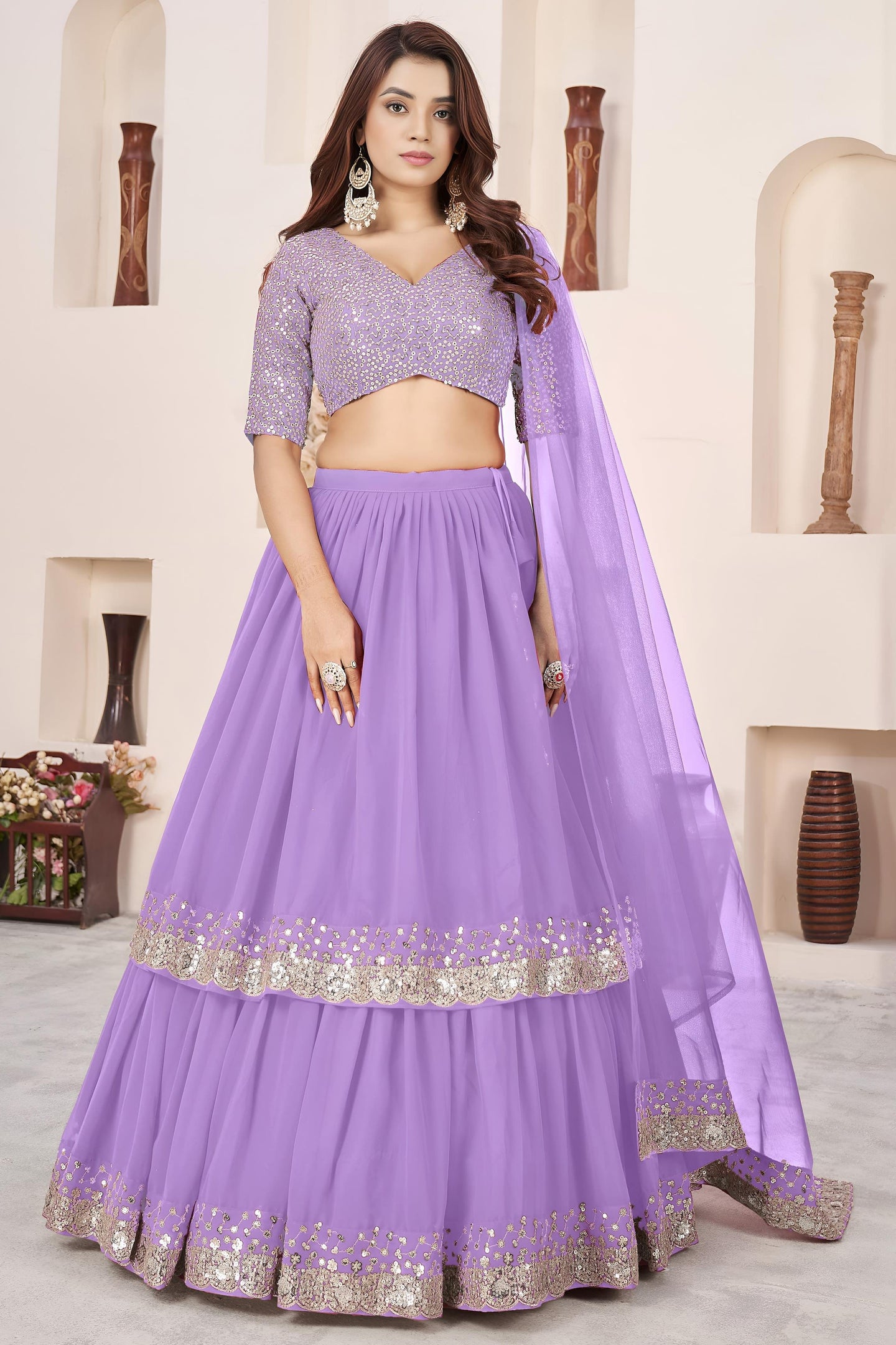 Lavender Georgette Lehenga Choli For Indian & Pakistani Wedding Festival - Sequence Embroidery Work, Zari Work