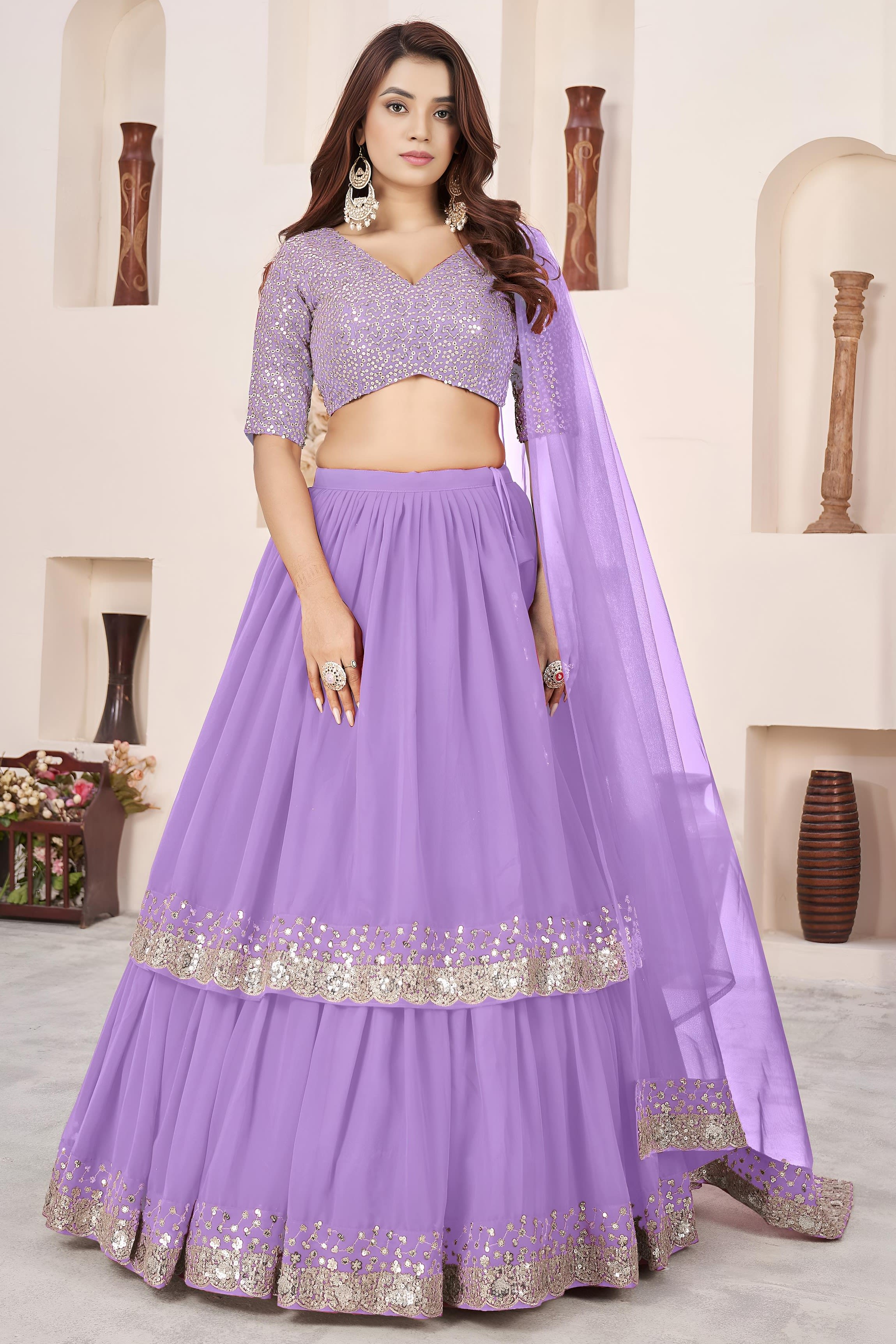 Lavender Georgette Lehenga Choli For Indian & Pakistani Wedding Festival - Sequence Embroidery Work, Zari Work