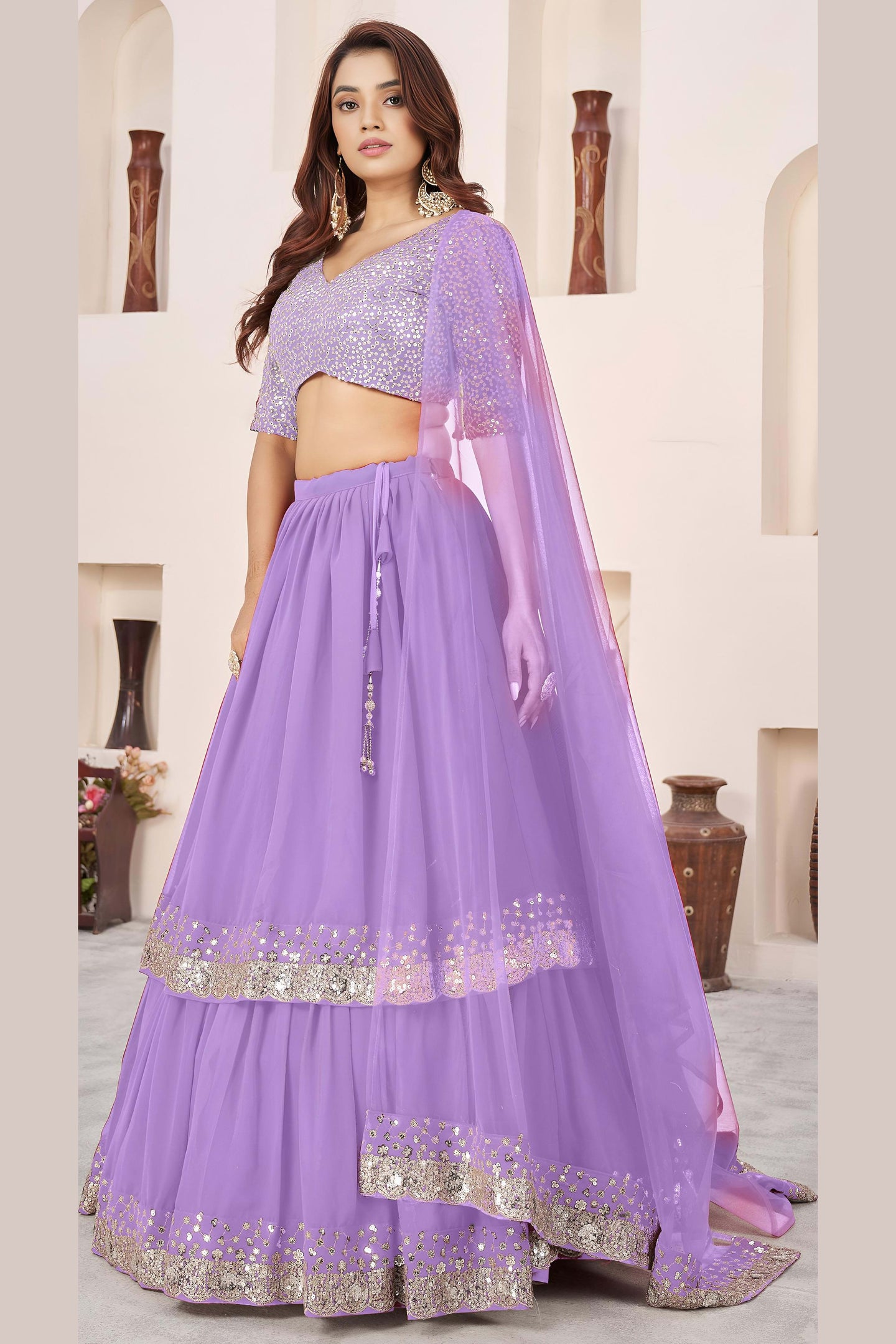 Lavender Georgette Lehenga Choli For Indian & Pakistani Wedding Festival - Sequence Embroidery Work, Zari Work