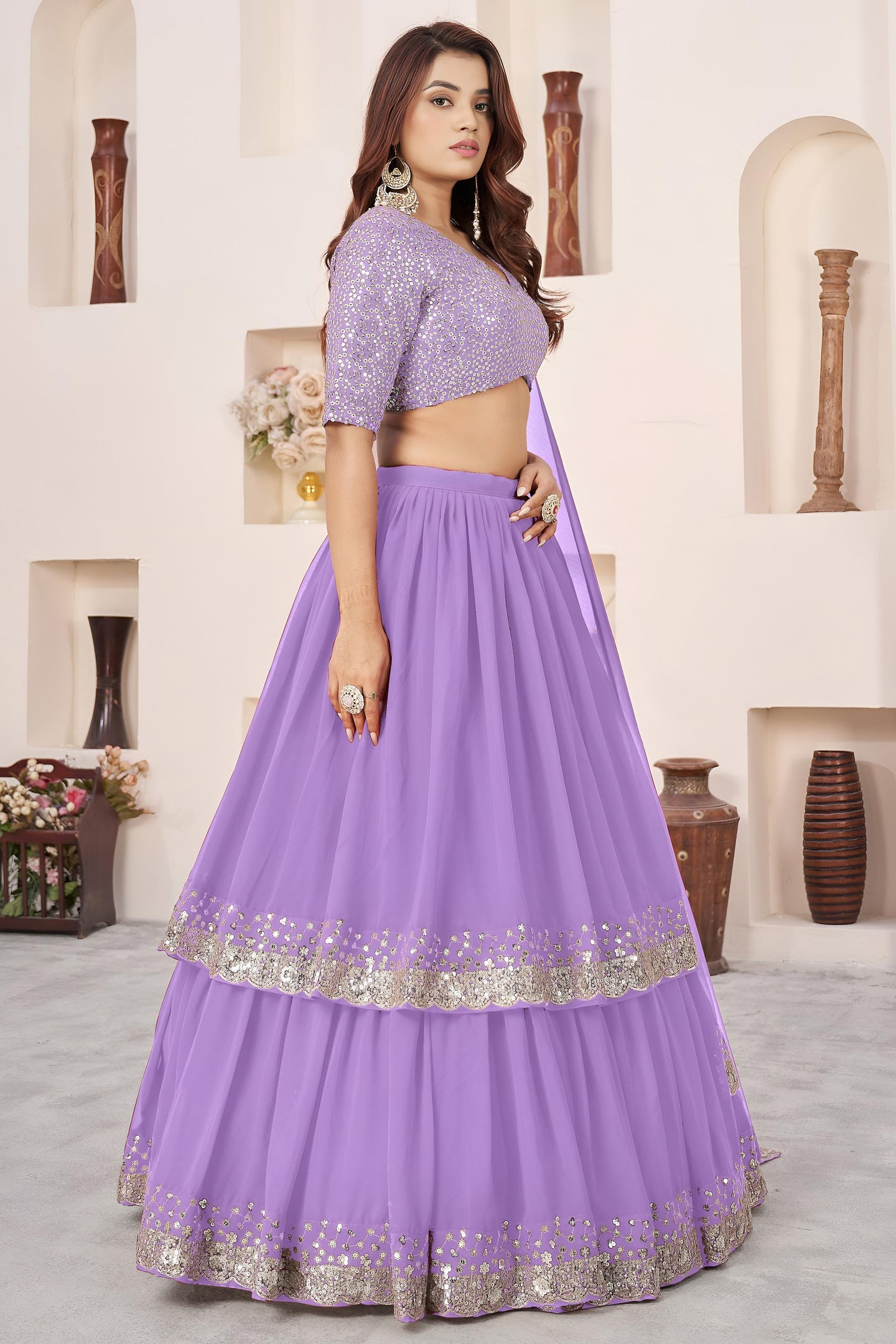 Lavender Georgette Lehenga Choli For Indian & Pakistani Wedding Festival - Sequence Embroidery Work, Zari Work