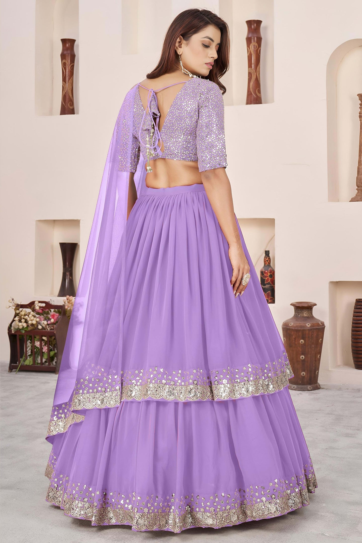 Lavender Georgette Lehenga Choli For Indian & Pakistani Wedding Festival - Sequence Embroidery Work, Zari Work