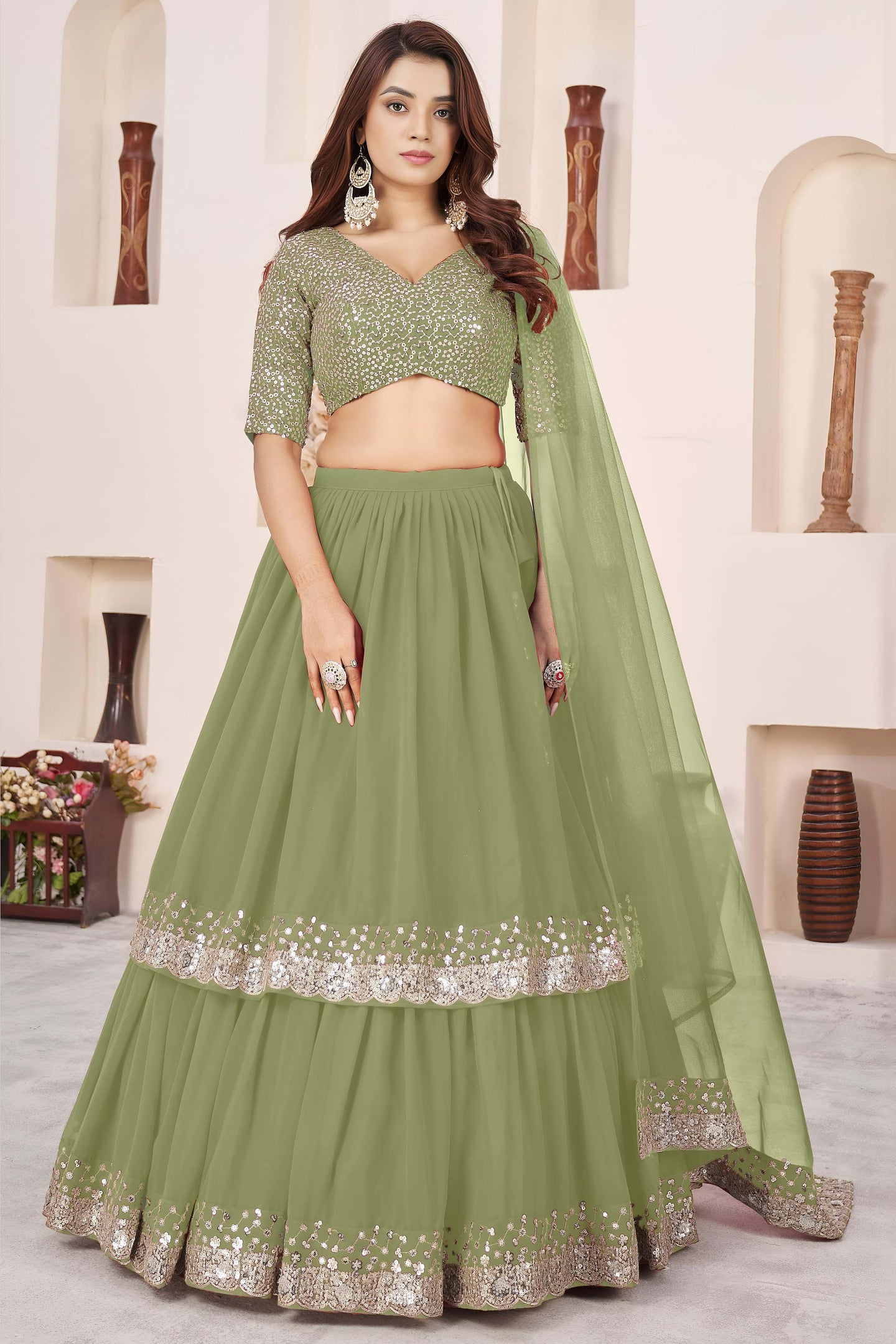 Olive Georgette Lehenga Choli For Indian & Pakistani Wedding Festival - Sequence Embroidery Work, Zari Work