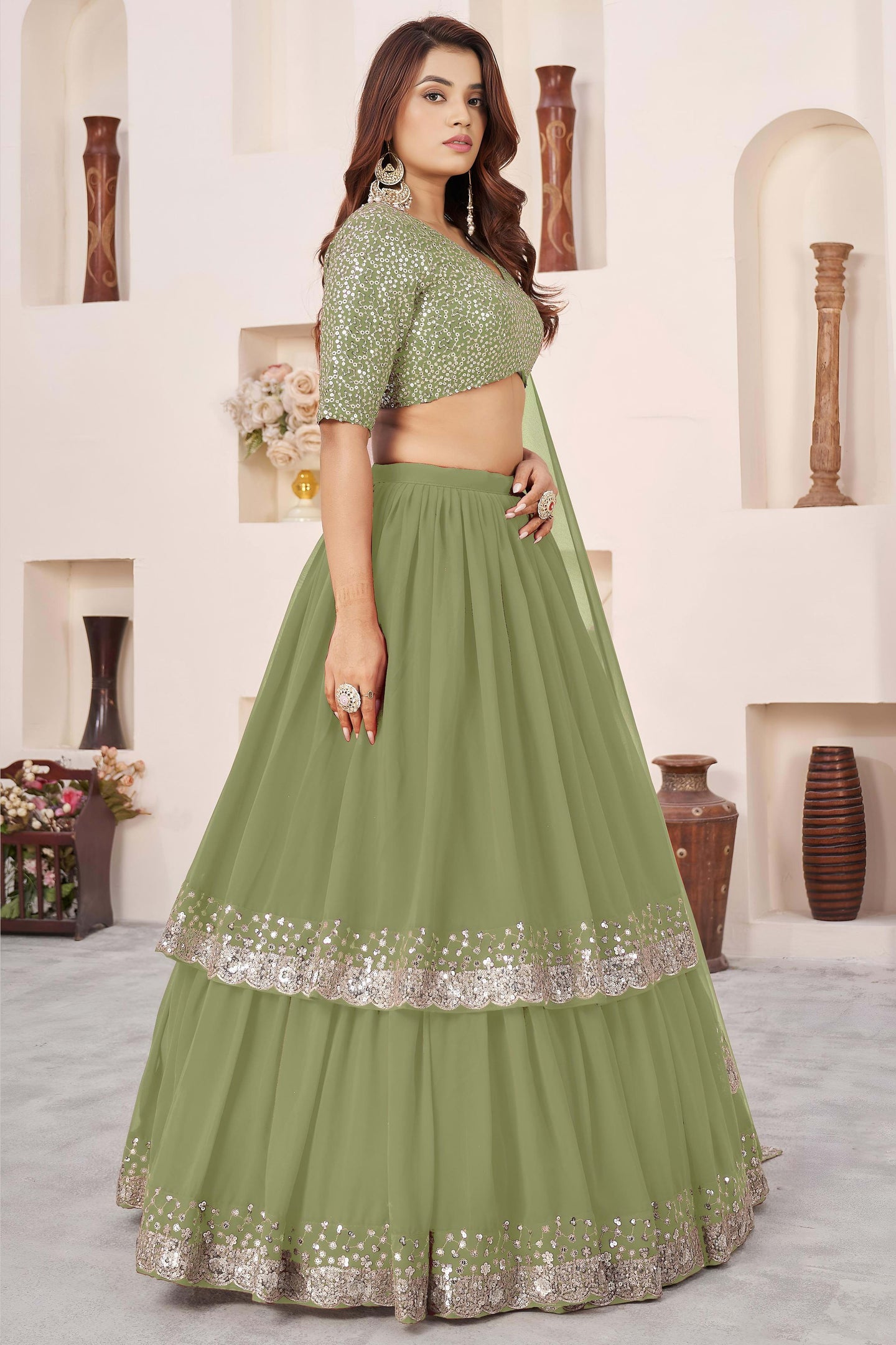 Olive Georgette Lehenga Choli For Indian & Pakistani Wedding Festival - Sequence Embroidery Work, Zari Work