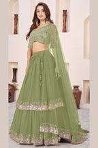Olive Georgette Lehenga Choli For Indian & Pakistani Wedding Festival - Sequence Embroidery Work, Zari Work