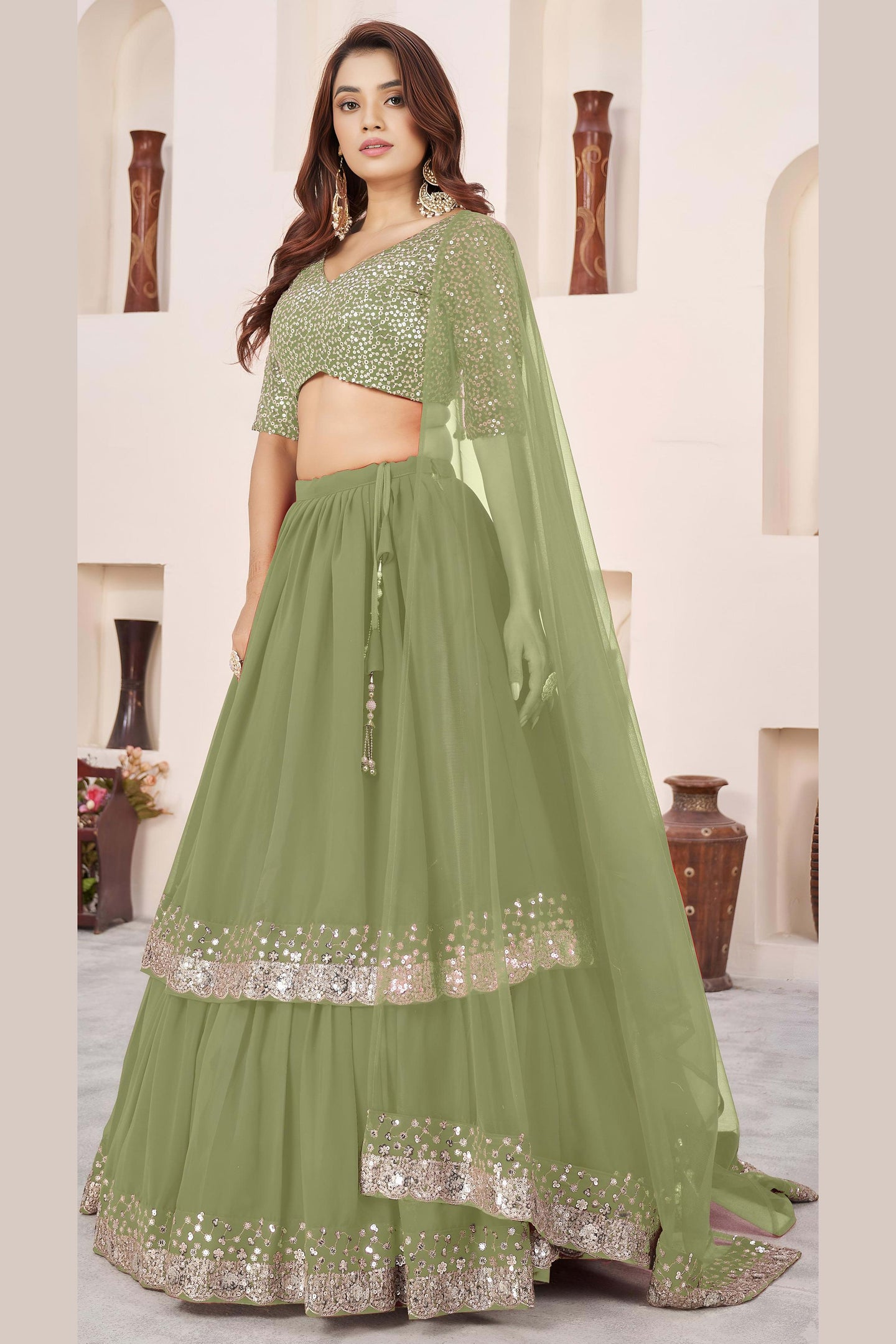 Olive Georgette Lehenga Choli For Indian & Pakistani Wedding Festival - Sequence Embroidery Work, Zari Work