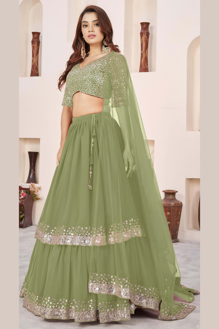 Olive Georgette Lehenga Choli For Indian & Pakistani Wedding Festival - Sequence Embroidery Work, Zari Work