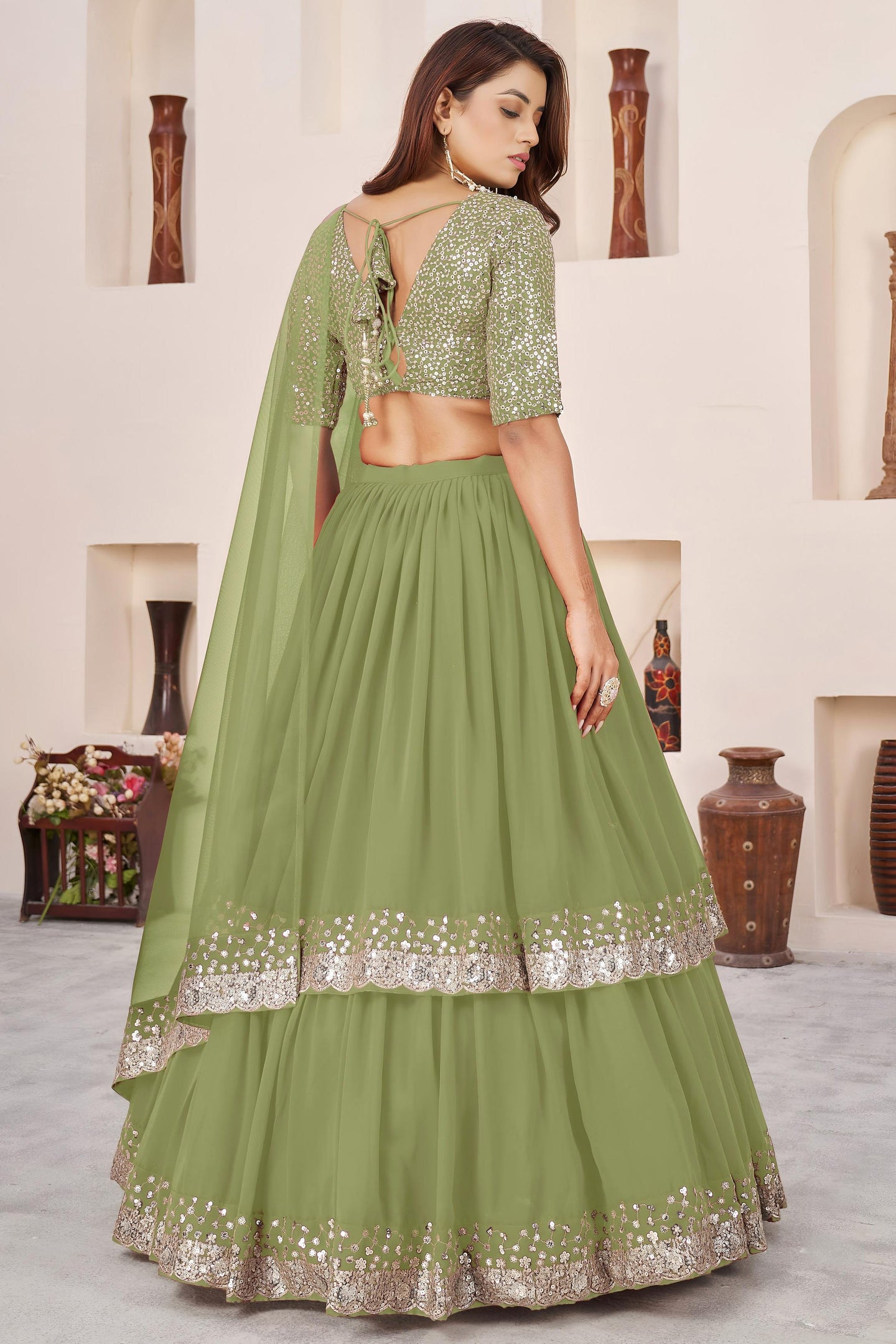Olive Georgette Lehenga Choli For Indian & Pakistani Wedding Festival - Sequence Embroidery Work, Zari Work