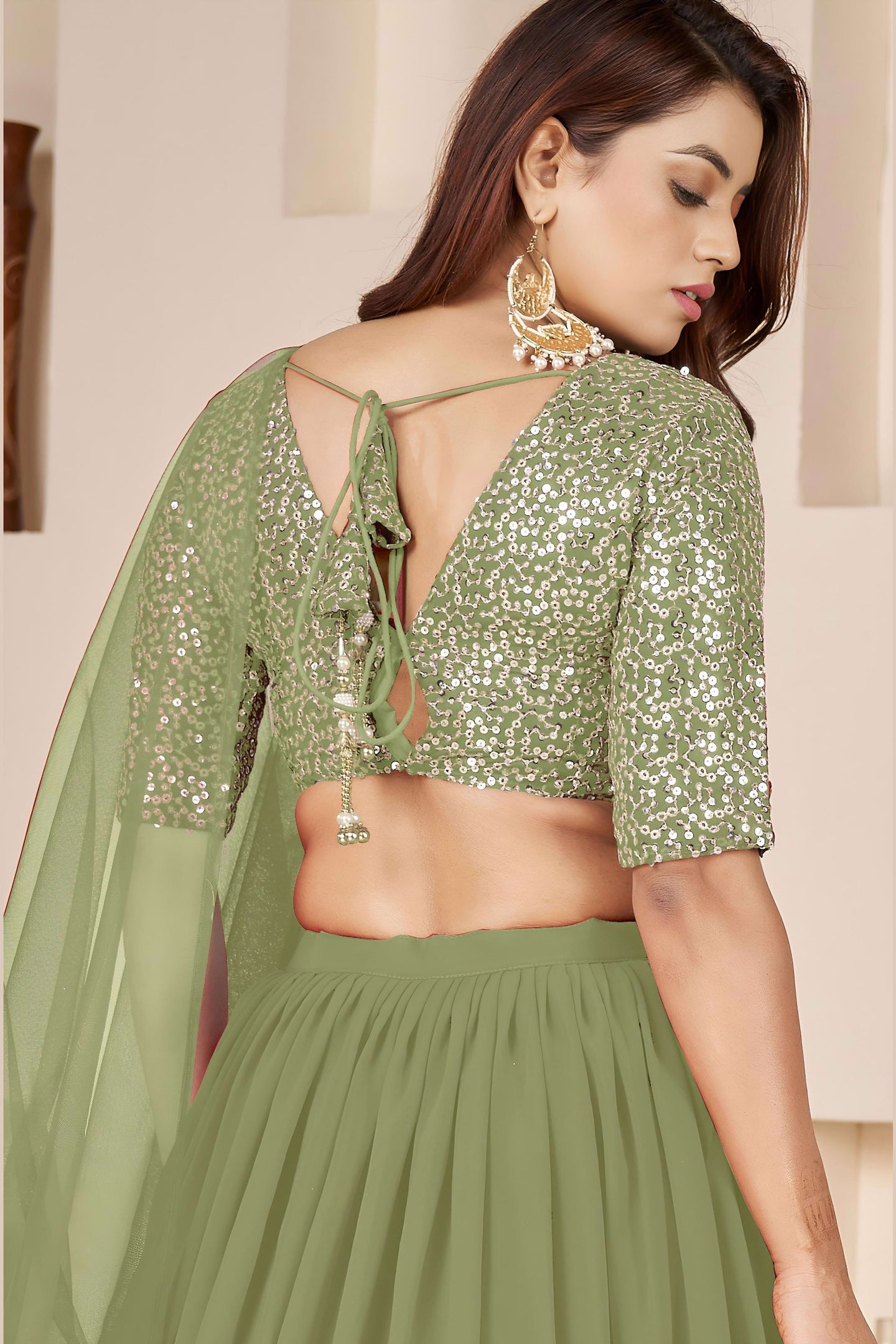 Olive Georgette Lehenga Choli For Indian & Pakistani Wedding Festival - Sequence Embroidery Work, Zari Work
