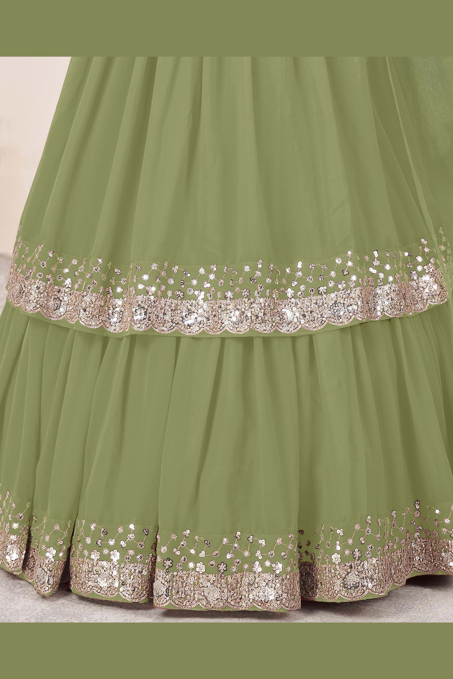 Olive Georgette Lehenga Choli For Indian & Pakistani Wedding Festival - Sequence Embroidery Work, Zari Work