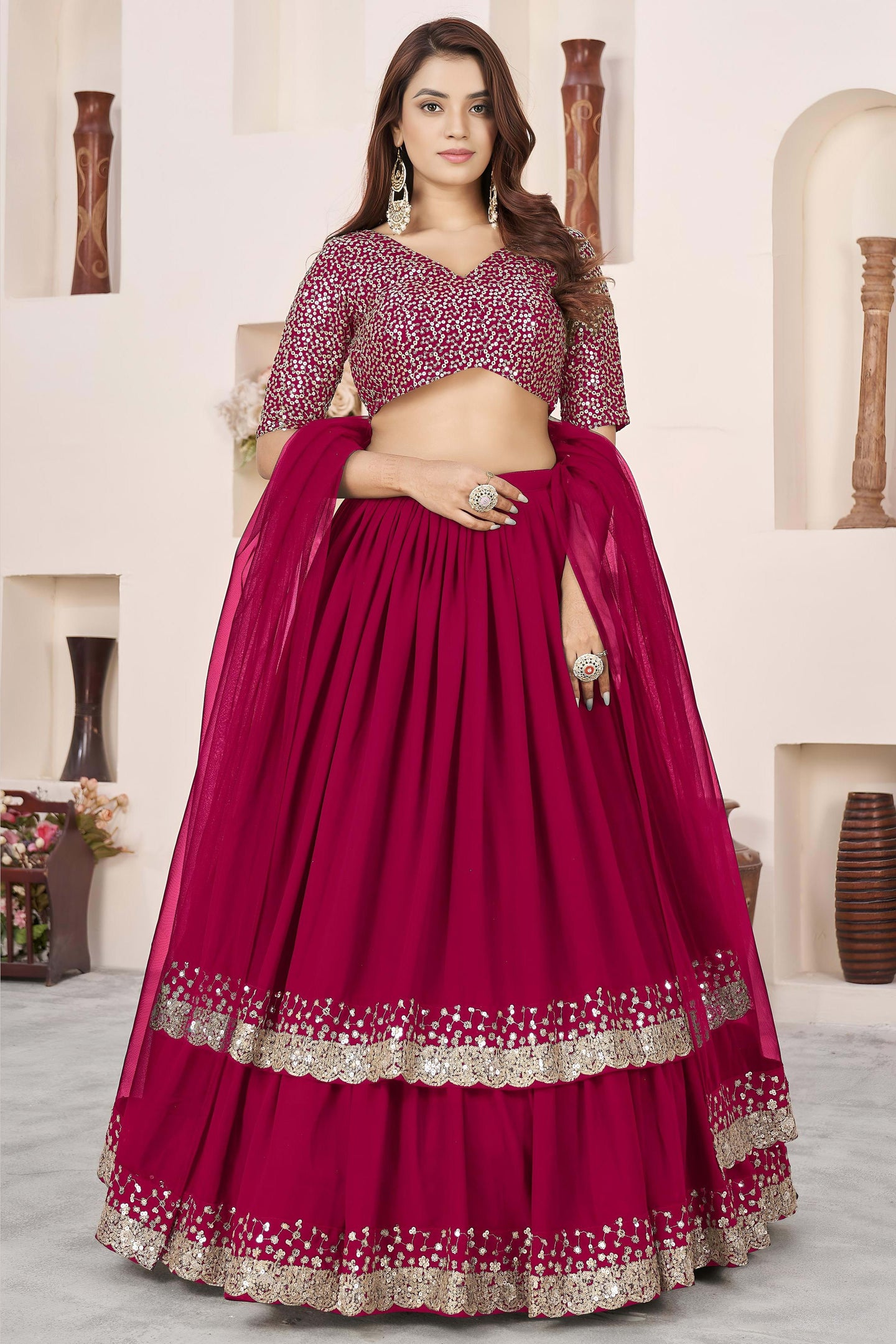 Pink Georgette Lehenga Choli For Indian & Pakistani Wedding Festival - Sequence Embroidery Work, Zari Work