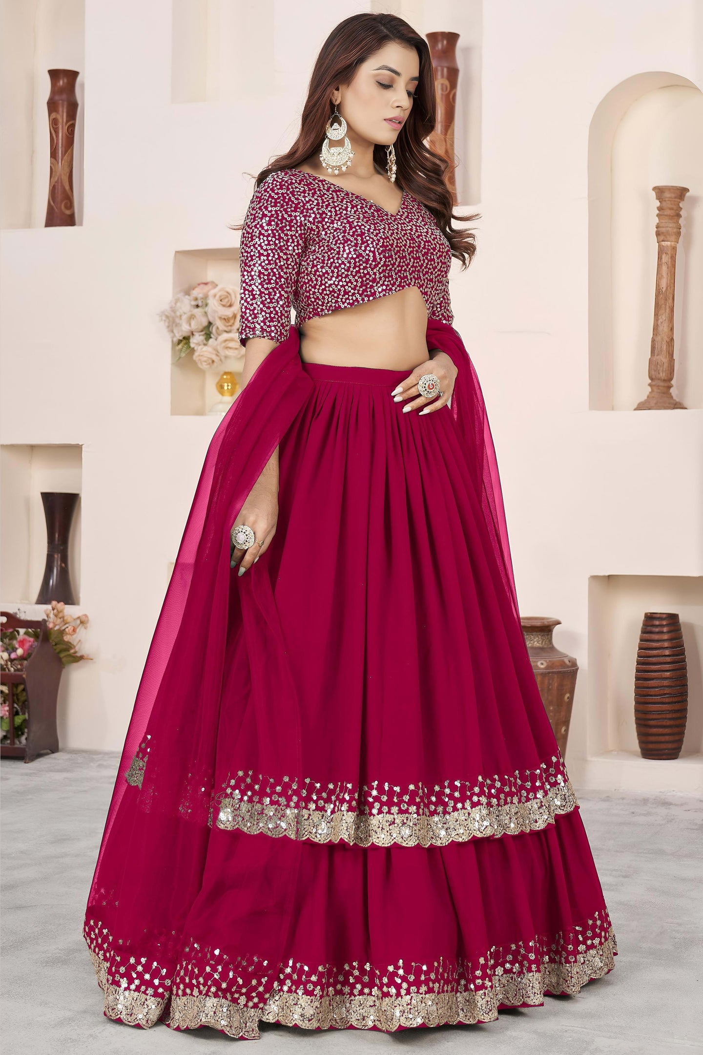 Pink Georgette Lehenga Choli For Indian & Pakistani Wedding Festival - Sequence Embroidery Work, Zari Work