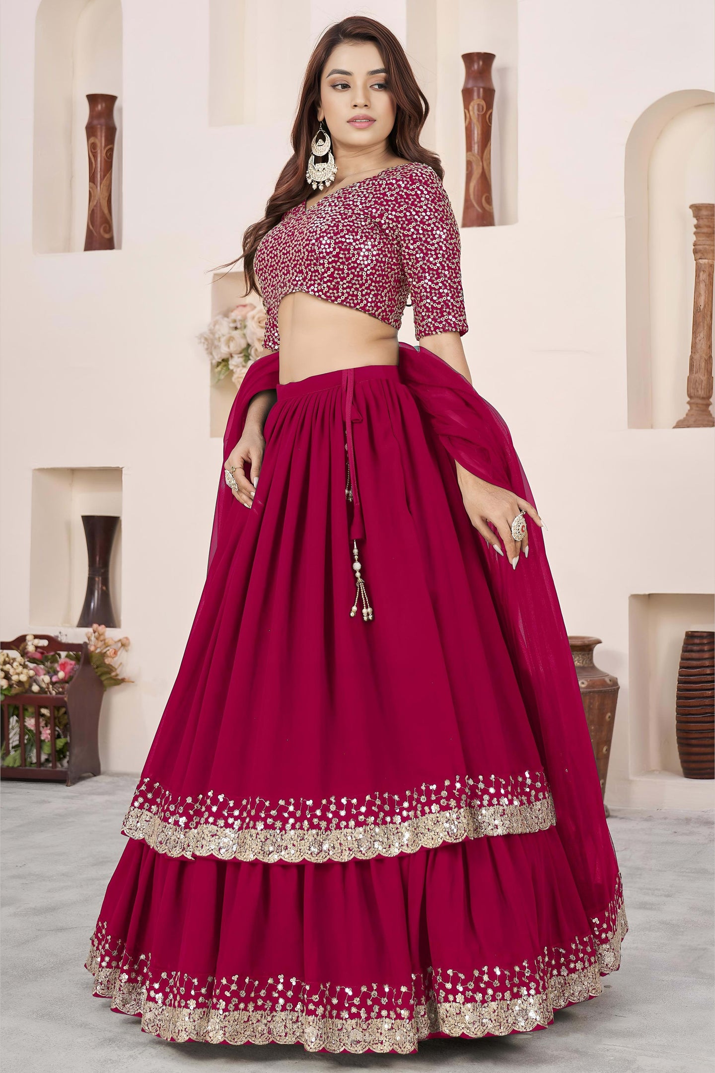 Pink Georgette Lehenga Choli For Indian & Pakistani Wedding Festival - Sequence Embroidery Work, Zari Work