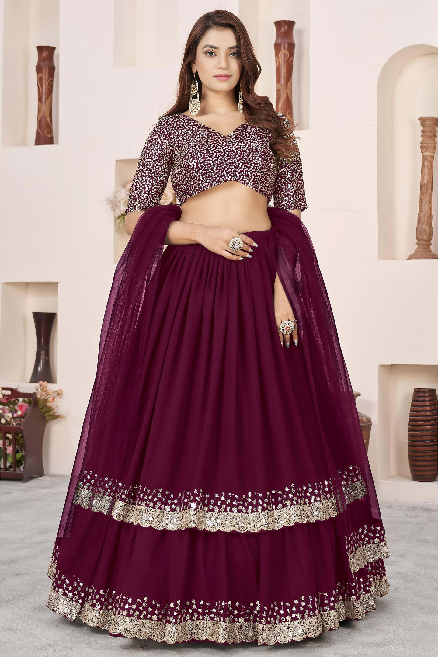 Purple Georgette Lehenga Choli For Indian & Pakistani Wedding Festival - Sequence Embroidery Work, Zari Work