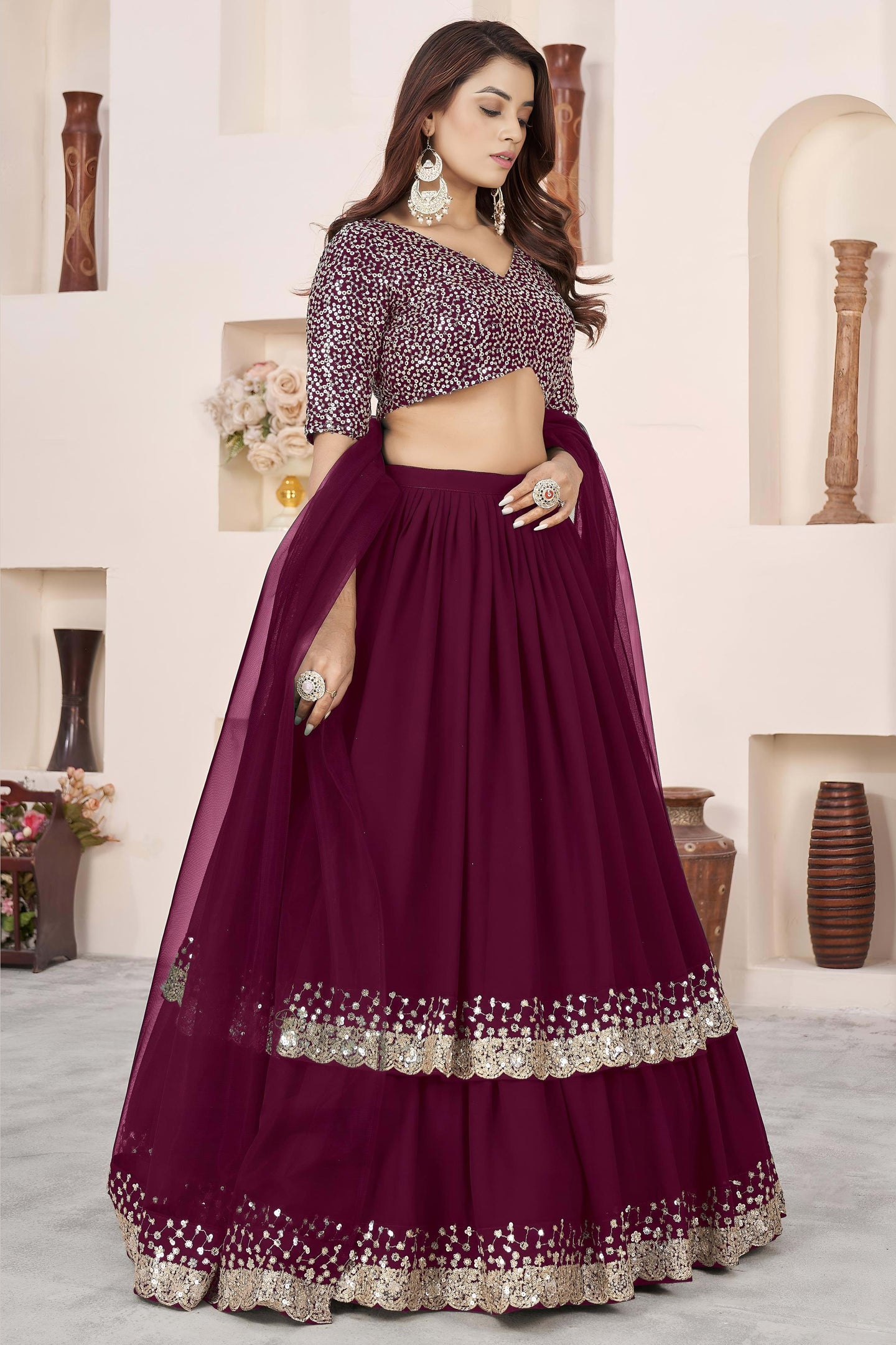 Purple Georgette Lehenga Choli For Indian & Pakistani Wedding Festival - Sequence Embroidery Work, Zari Work