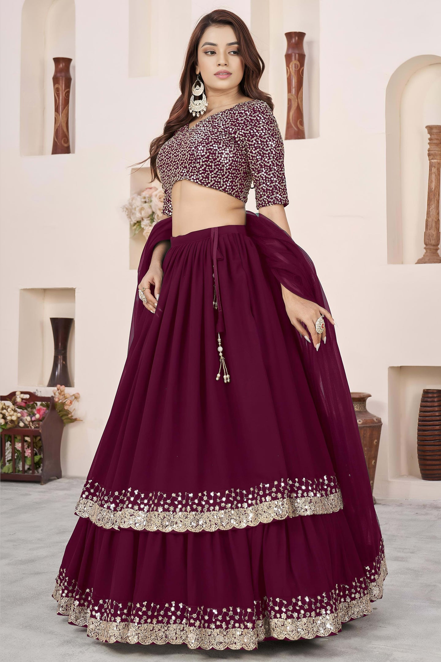Purple Georgette Lehenga Choli For Indian & Pakistani Wedding Festival - Sequence Embroidery Work, Zari Work