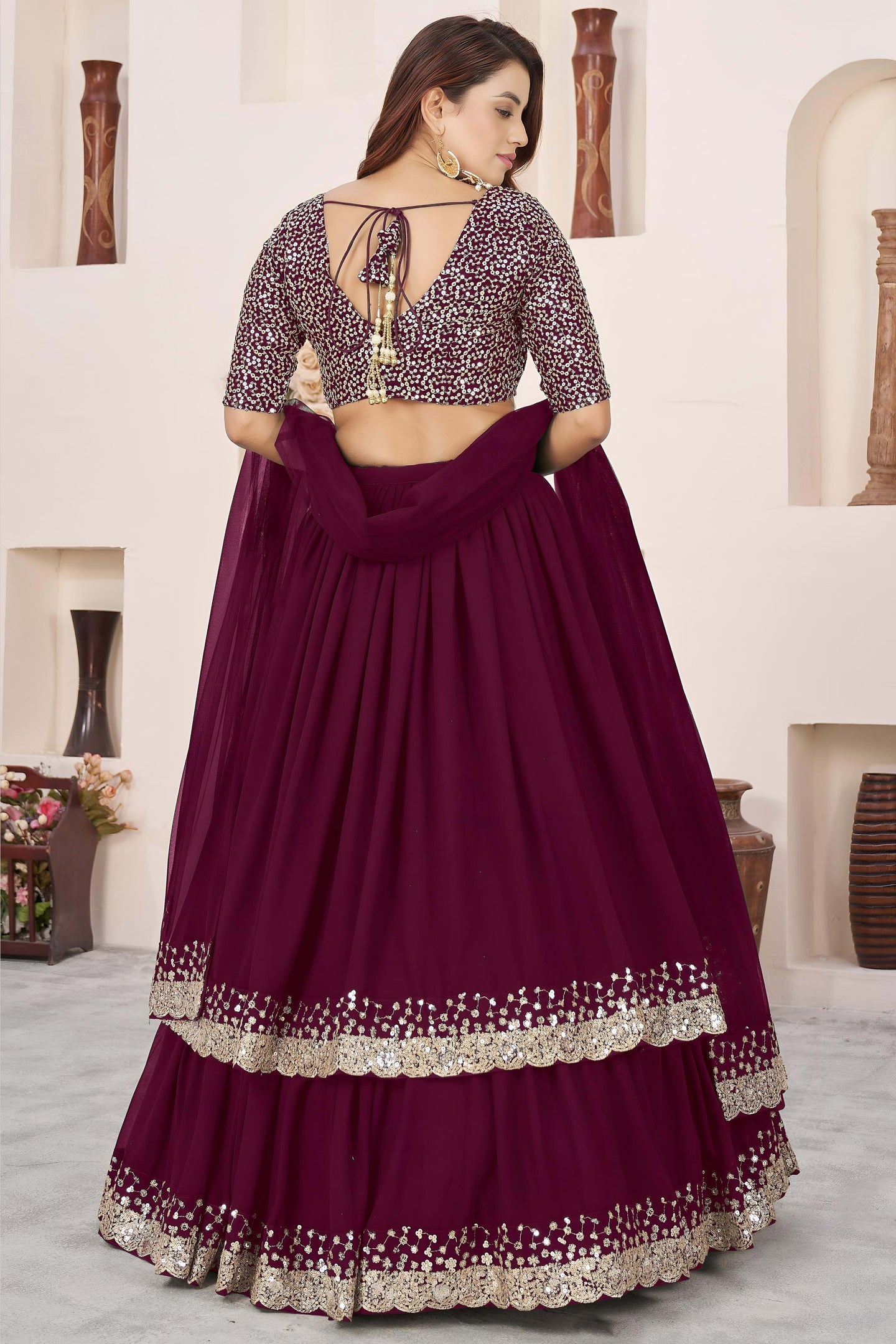 Purple Georgette Lehenga Choli For Indian & Pakistani Wedding Festival - Sequence Embroidery Work, Zari Work