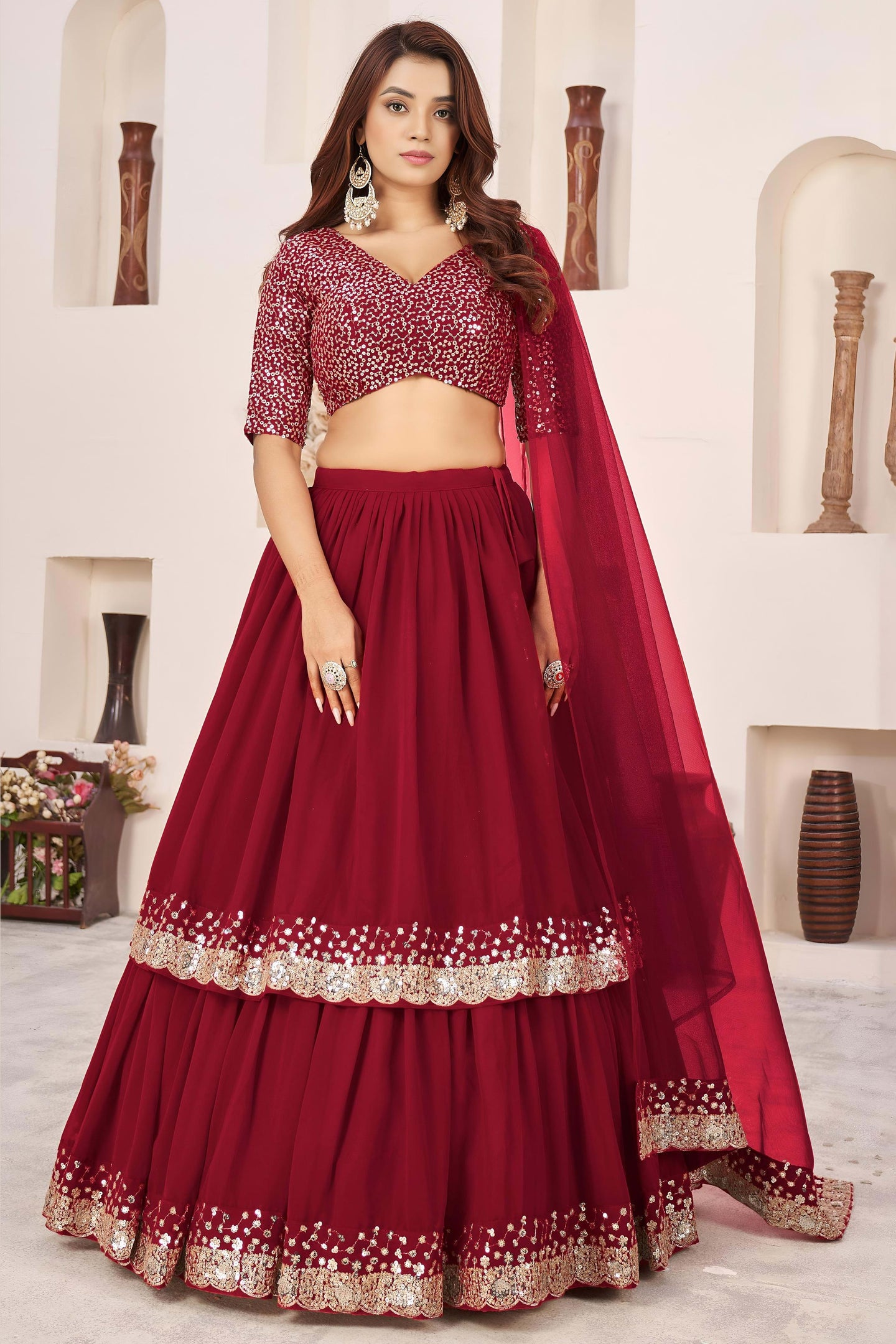 Red Georgette Lehenga Choli For Indian & Pakistani Wedding Festival - Sequence Embroidery Work, Zari Work