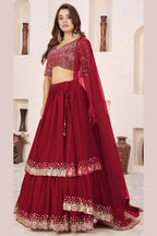 Red Georgette Lehenga Choli For Indian & Pakistani Wedding Festival - Sequence Embroidery Work, Zari Work