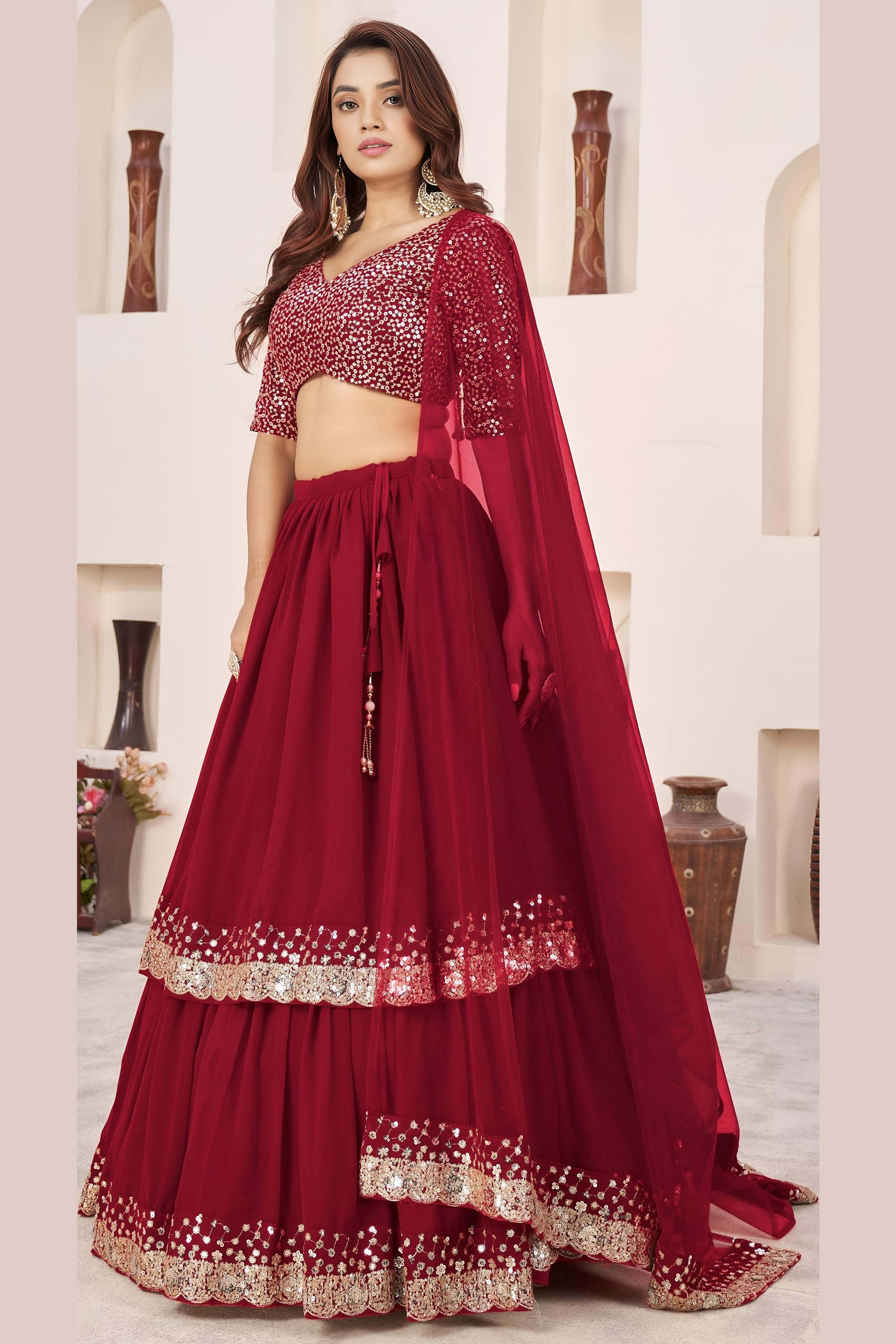Red Georgette Lehenga Choli For Indian & Pakistani Wedding Festival - Sequence Embroidery Work, Zari Work