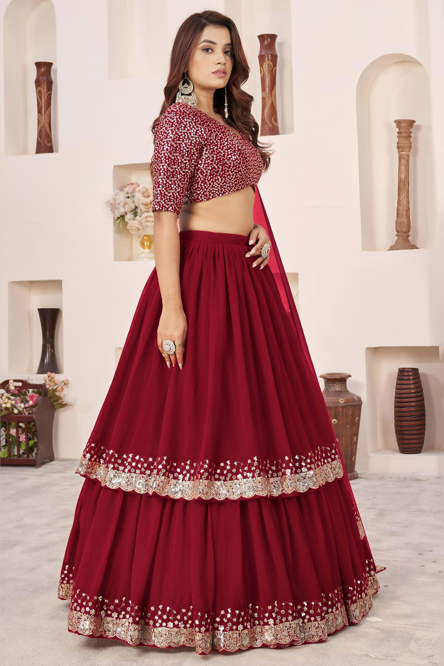 Red Georgette Lehenga Choli For Indian & Pakistani Wedding Festival - Sequence Embroidery Work, Zari Work
