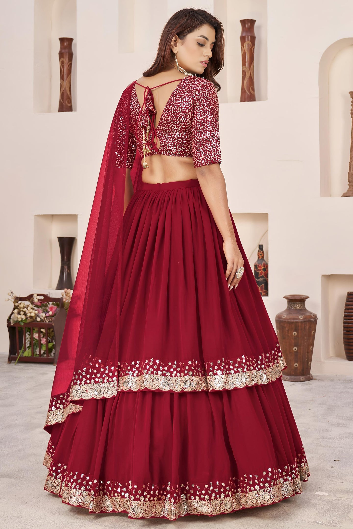 Red Georgette Lehenga Choli For Indian & Pakistani Wedding Festival - Sequence Embroidery Work, Zari Work