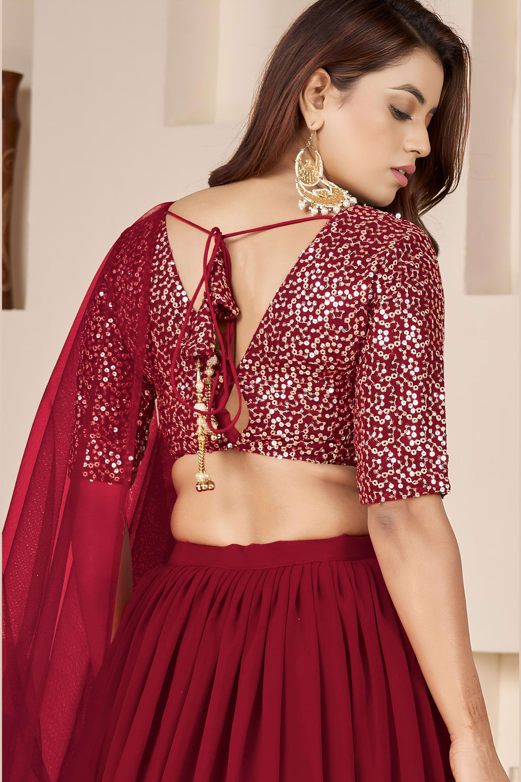 Red Georgette Lehenga Choli For Indian & Pakistani Wedding Festival - Sequence Embroidery Work, Zari Work