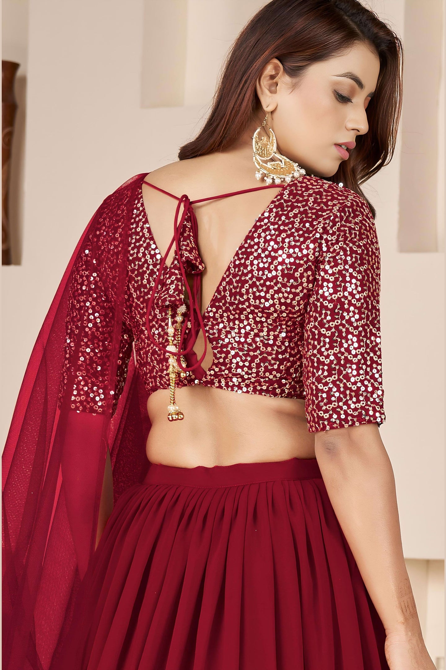 Red Georgette Lehenga Choli For Indian & Pakistani Wedding Festival - Sequence Embroidery Work, Zari Work