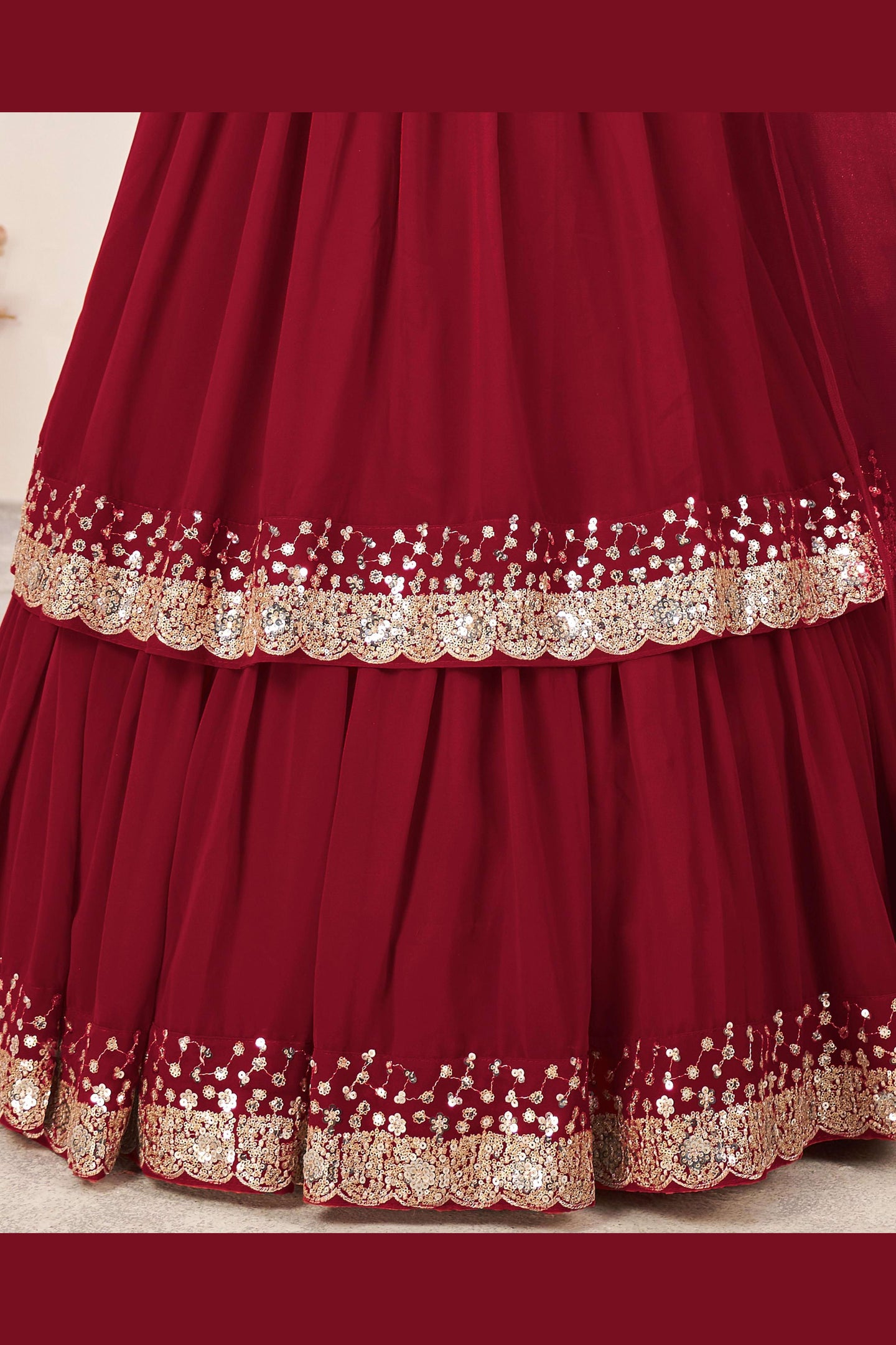 Red Georgette Lehenga Choli For Indian & Pakistani Wedding Festival - Sequence Embroidery Work, Zari Work