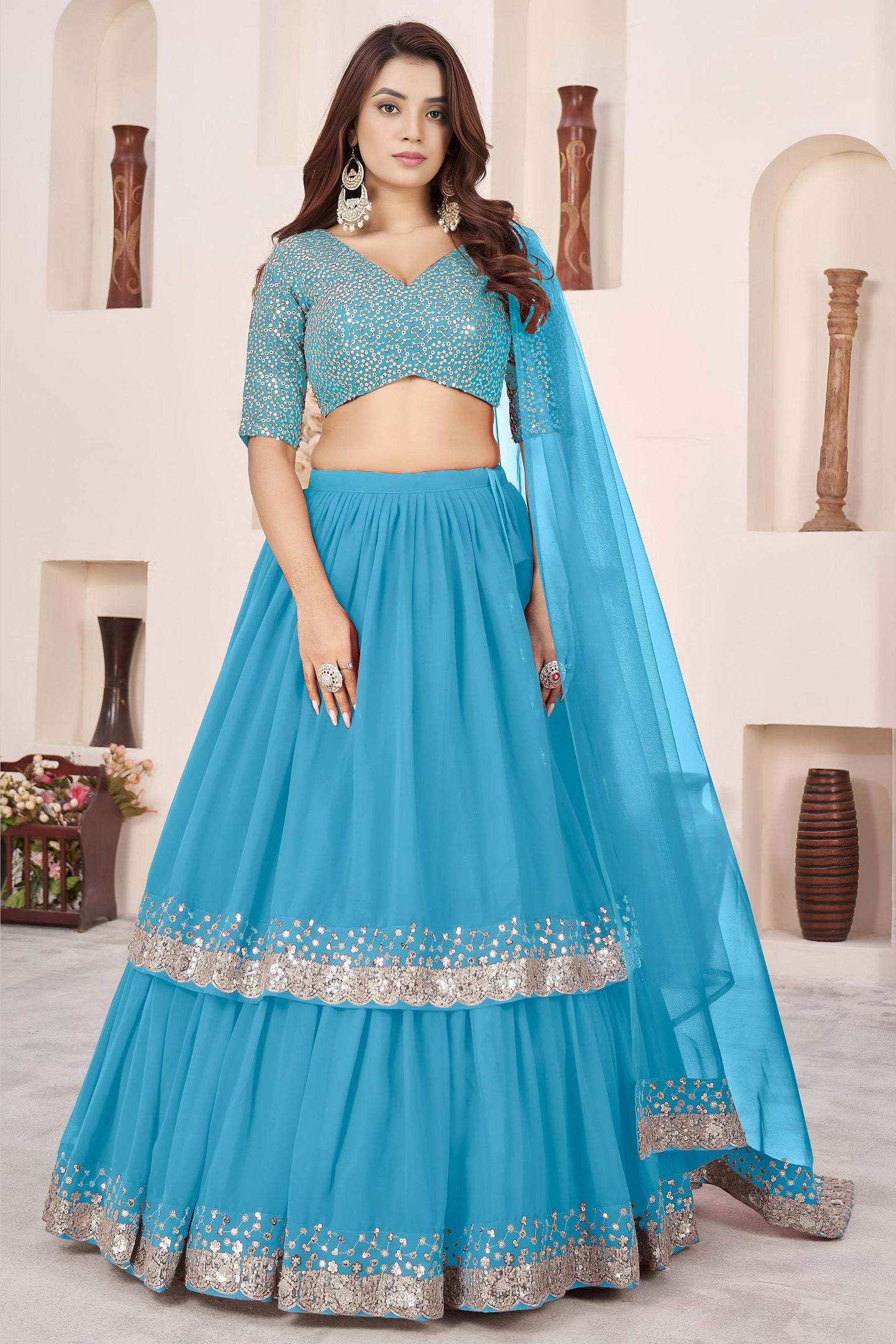 Sky Blue Georgette Lehenga Choli For Indian & Pakistani Wedding Festival - Sequence Embroidery Work, Zari Work