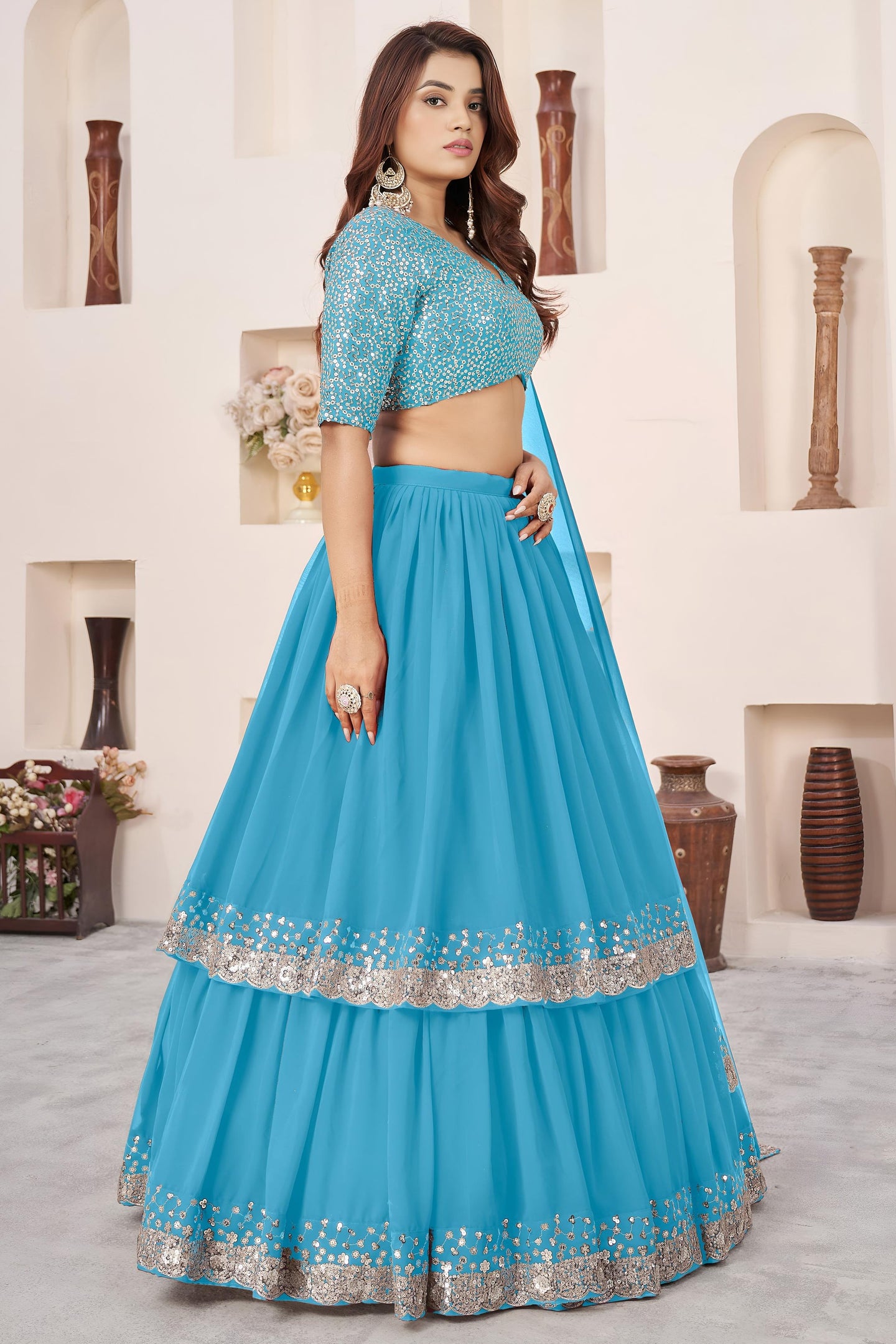 Sky Blue Georgette Lehenga Choli For Indian & Pakistani Wedding Festival - Sequence Embroidery Work, Zari Work