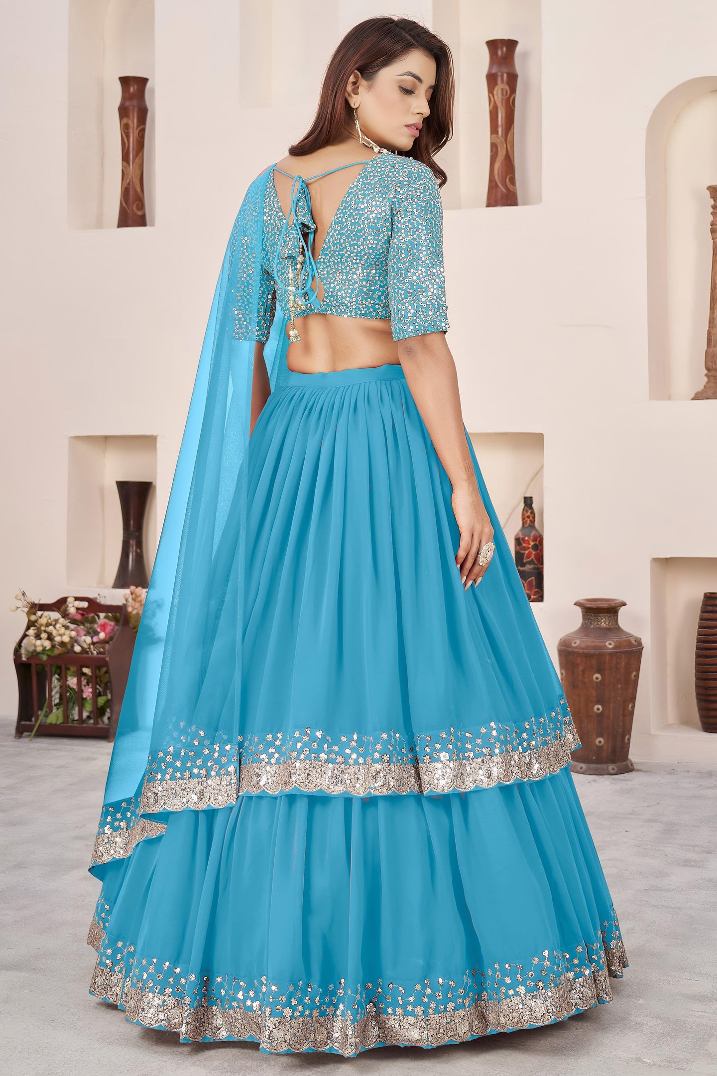 Sky Blue Georgette Lehenga Choli For Indian & Pakistani Wedding Festival - Sequence Embroidery Work, Zari Work