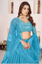Sky Blue Georgette Lehenga Choli For Indian & Pakistani Wedding Festival - Sequence Embroidery Work, Zari Work