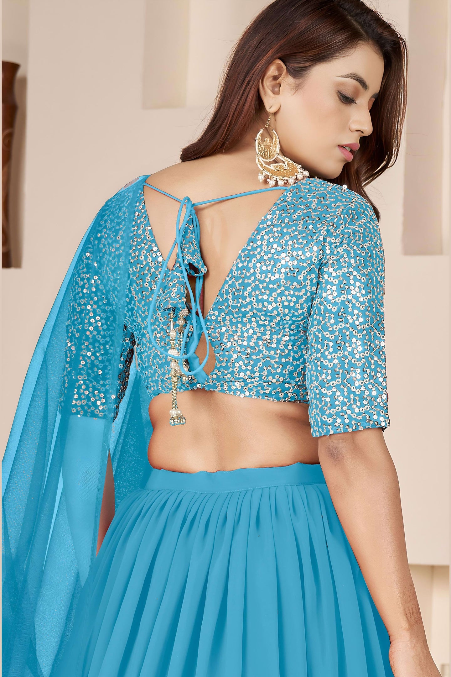 Sky Blue Georgette Lehenga Choli For Indian & Pakistani Wedding Festival - Sequence Embroidery Work, Zari Work