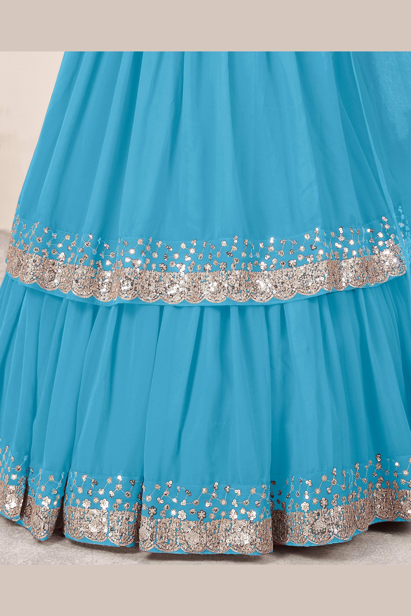 Sky Blue Georgette Lehenga Choli For Indian & Pakistani Wedding Festival - Sequence Embroidery Work, Zari Work