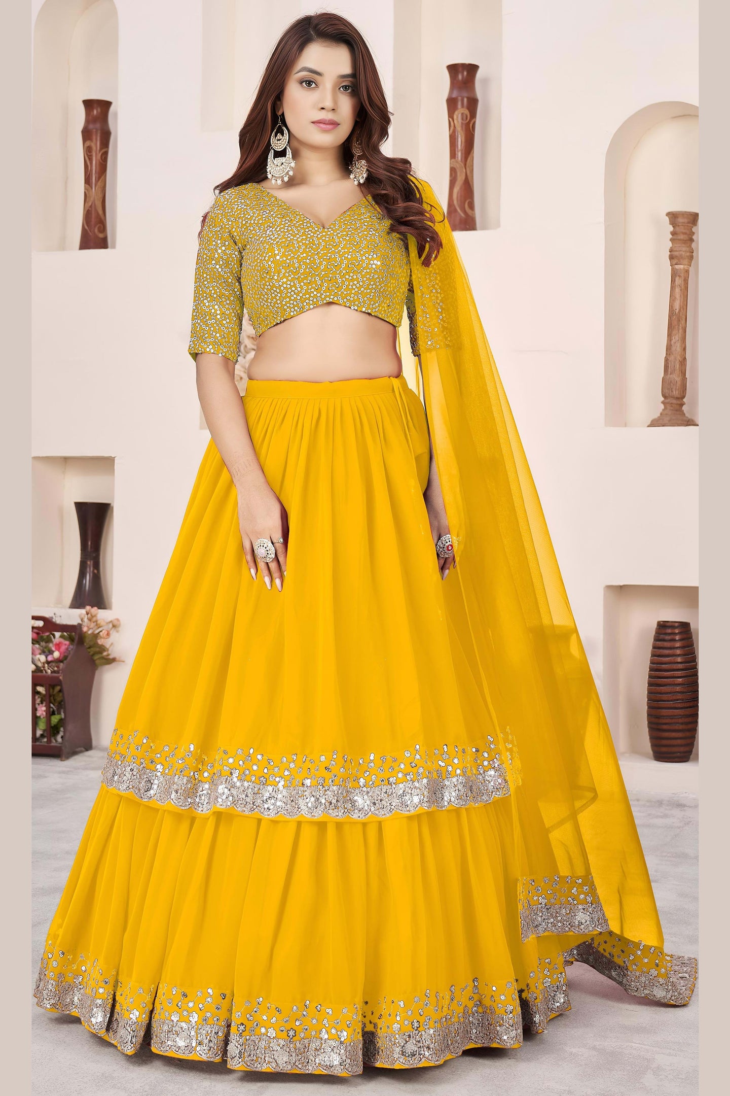 Yellow Georgette Lehenga Choli For Indian & Pakistani Wedding Festival - Sequence Embroidery Work, Zari Work