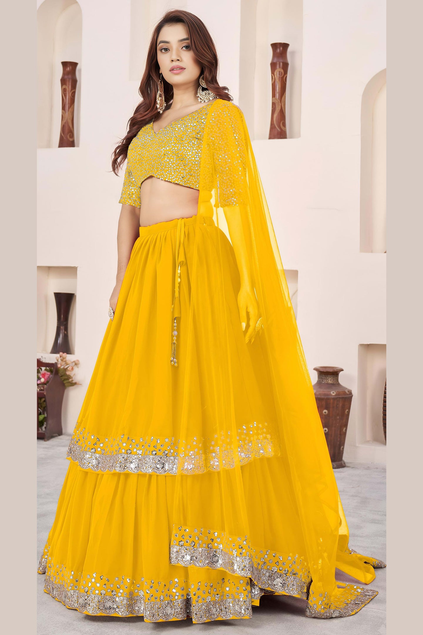 Yellow Georgette Lehenga Choli For Indian & Pakistani Wedding Festival - Sequence Embroidery Work, Zari Work