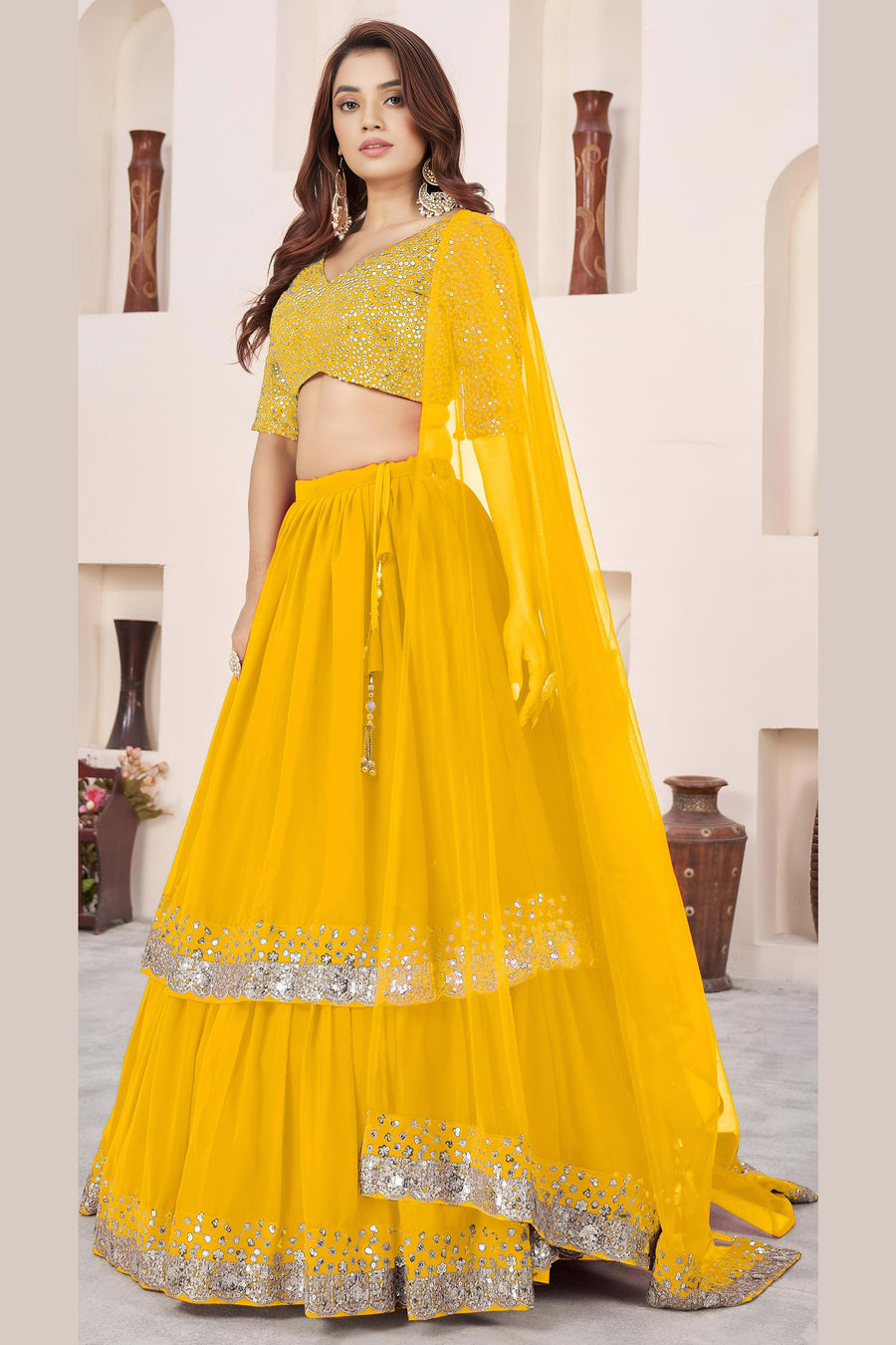 Yellow Georgette Lehenga Choli For Indian & Pakistani Wedding Festival - Sequence Embroidery Work, Zari Work